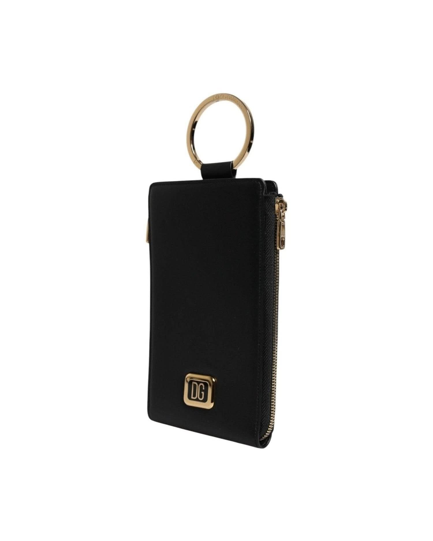 Dolce & Gabbana Black Leather Logo Plaque Neck Strap Card Coin Wallet Wallets