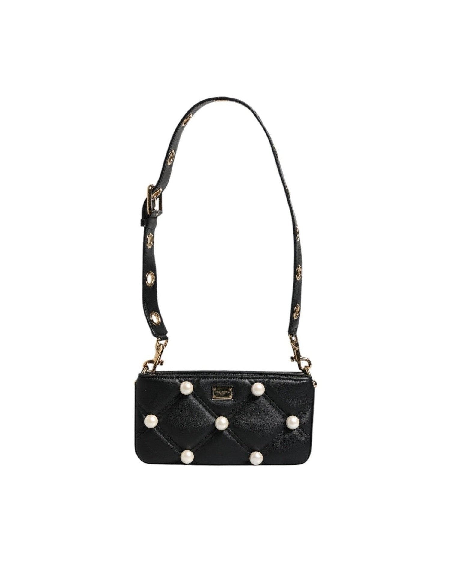 Dolce & Gabbana Leather Pearl Embellished Logo Shoulder Black Bag Glam Steals