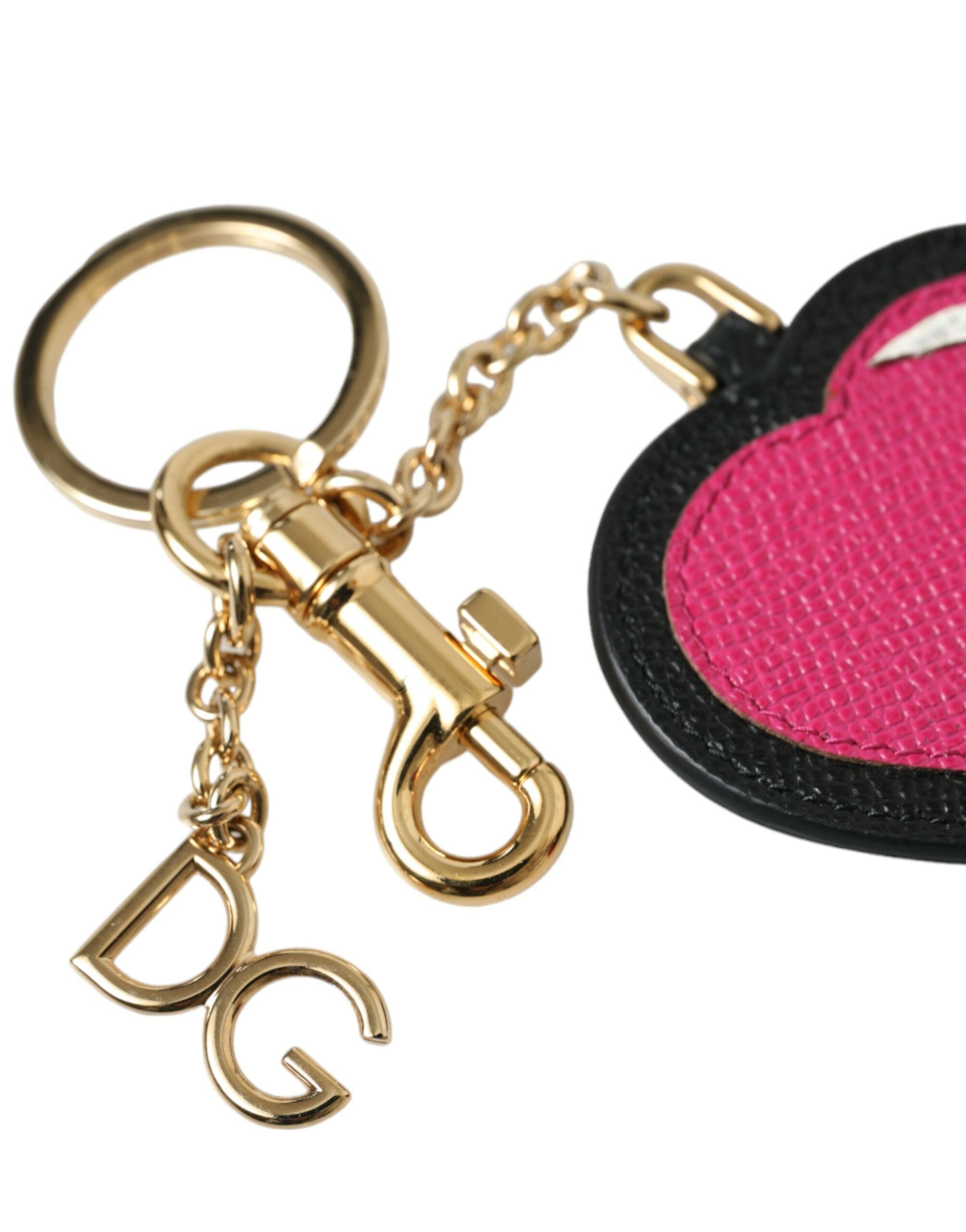 Dolce & Gabbana Black Leather Pink Heart Gold Tone Brass Keyring Keychain Glam Steals