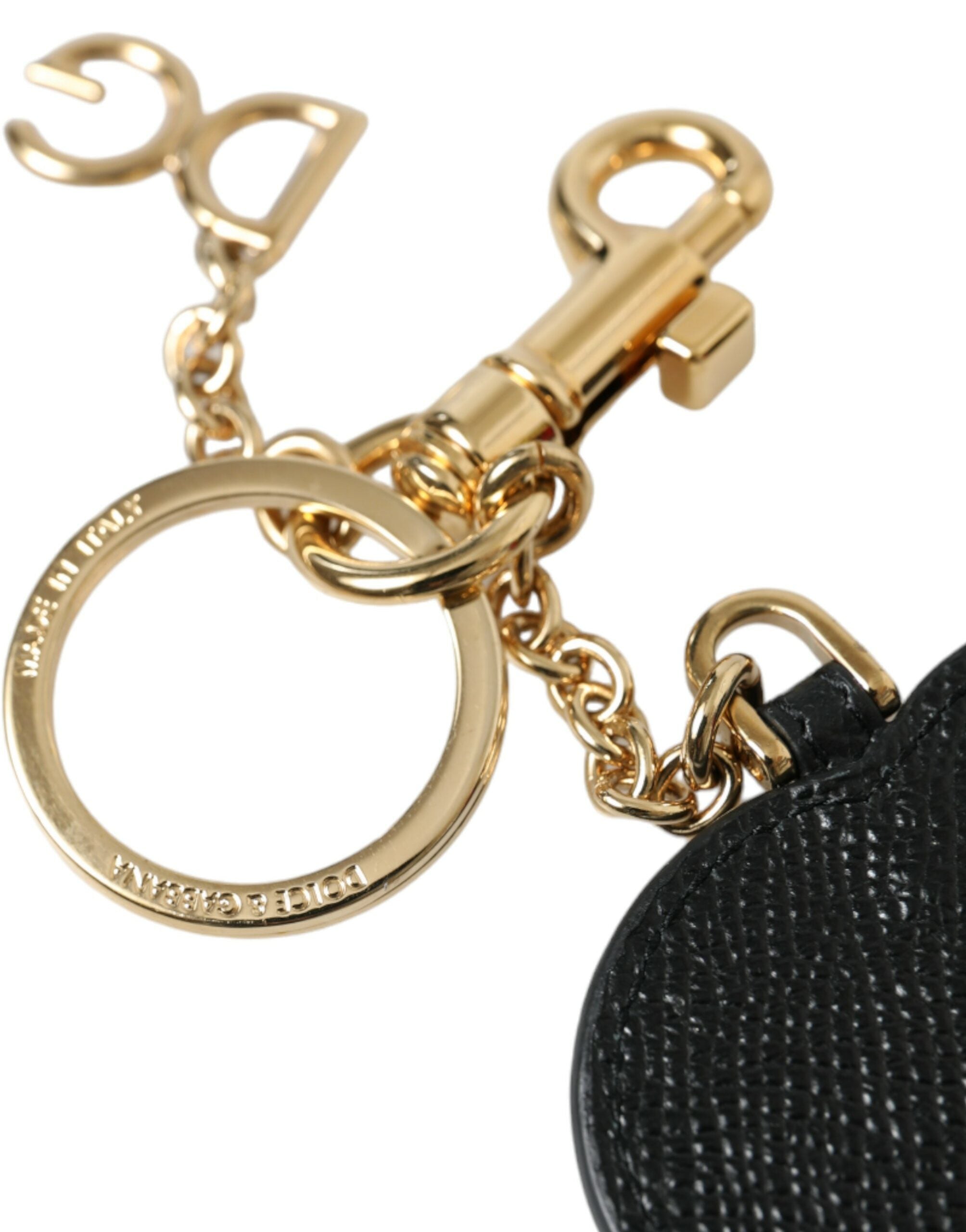 Dolce & Gabbana Black Leather Pink Heart Gold Tone Brass Keyring Keychain Glam Steals