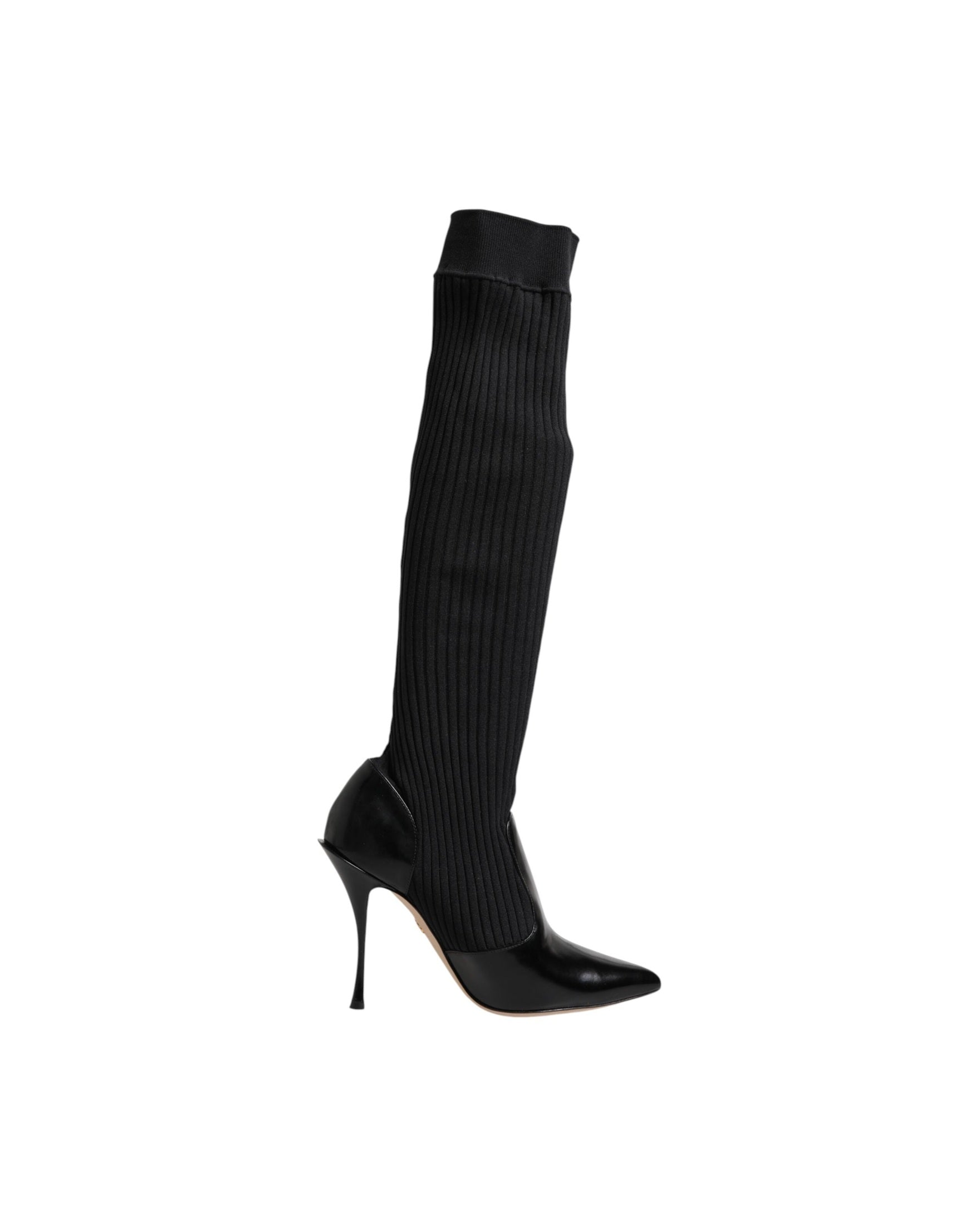 Dolce & Gabbana Black Leather Ribbed Knit Knee Boots Shoes Glam Steals