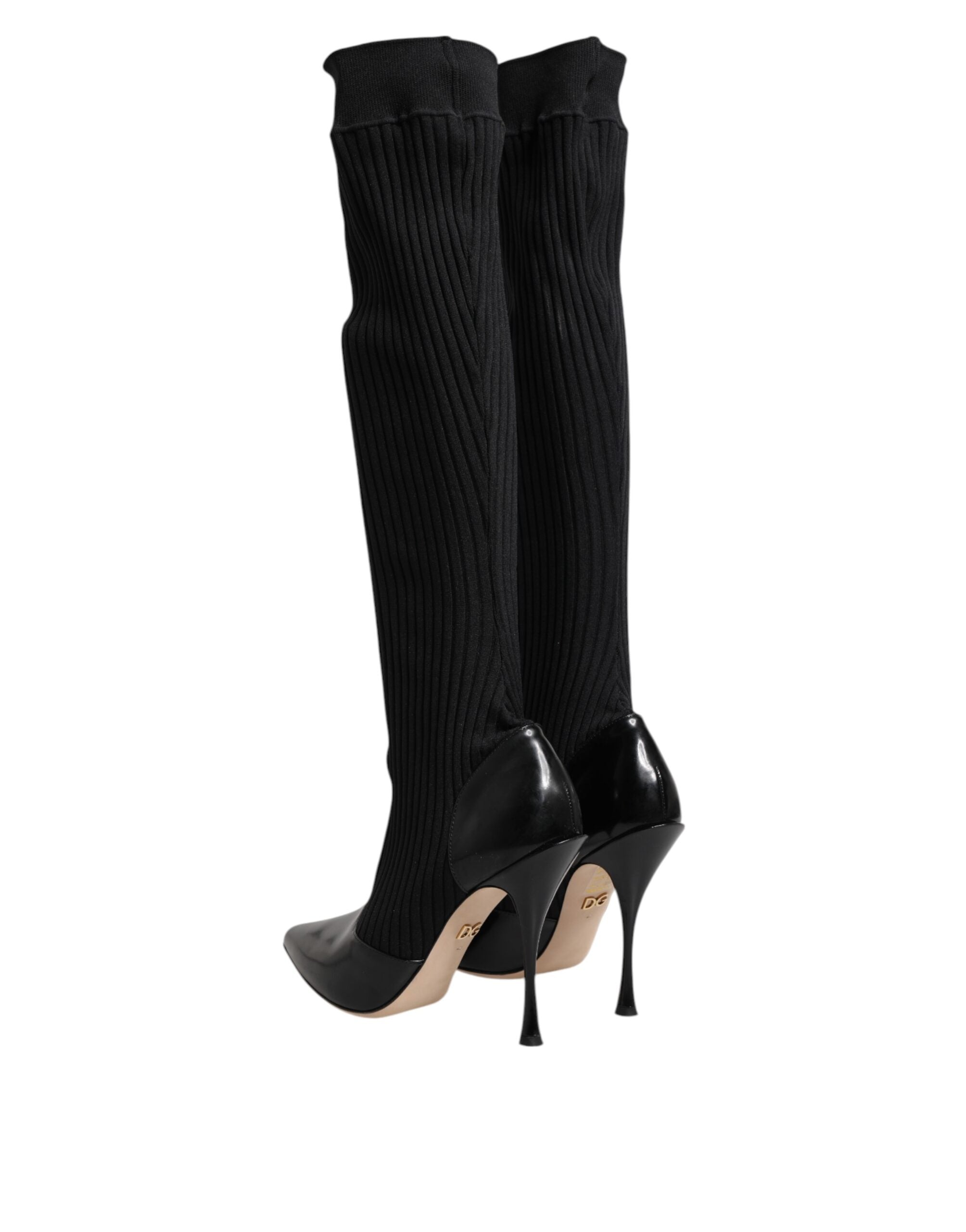 Dolce & Gabbana Black Leather Ribbed Knit Knee Boots Shoes Glam Steals
