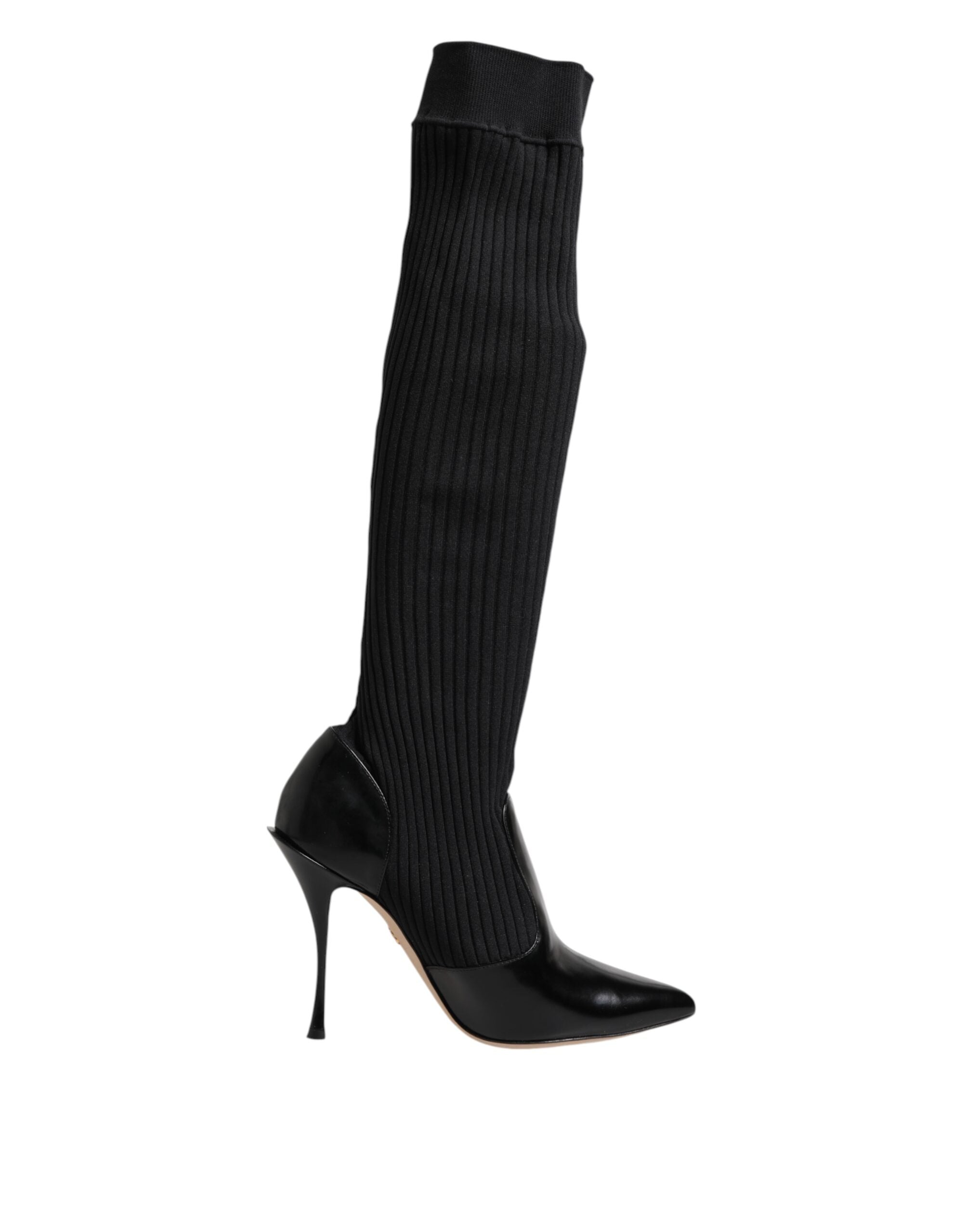 Dolce & Gabbana Black Leather Ribbed Knit Knee Boots Shoes Glam Steals