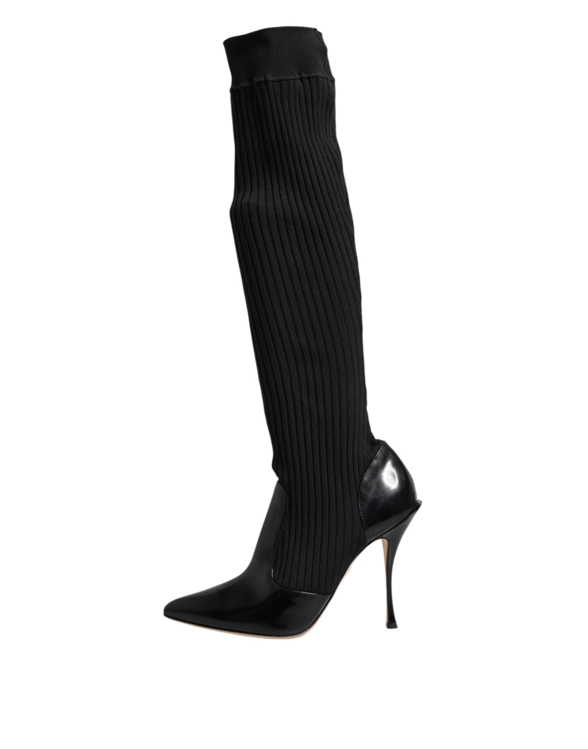 Dolce & Gabbana Black Leather Ribbed Knit Knee Boots Shoes Glam Steals