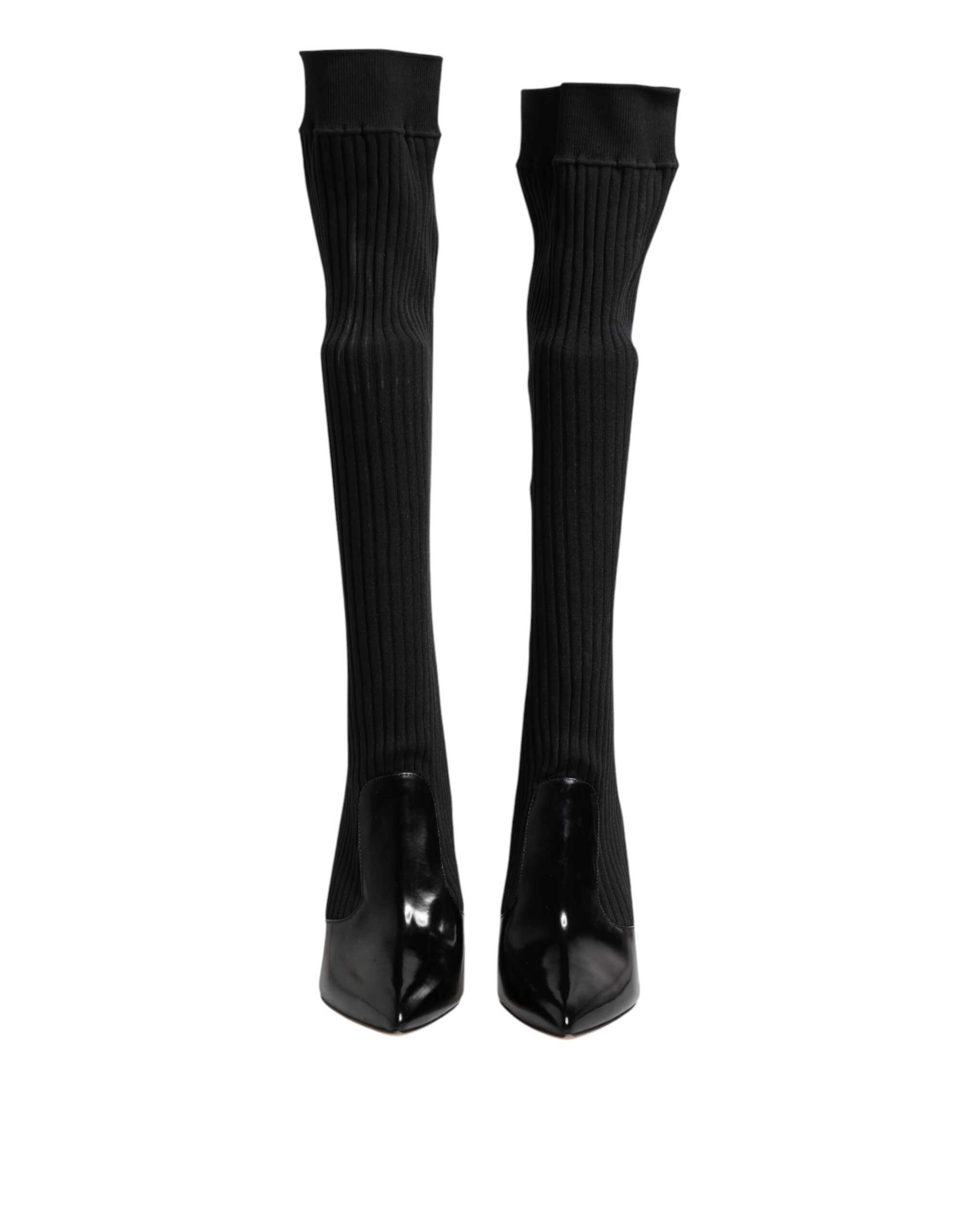 Dolce & Gabbana Black Leather Ribbed Knit Knee Boots Shoes Glam Steals