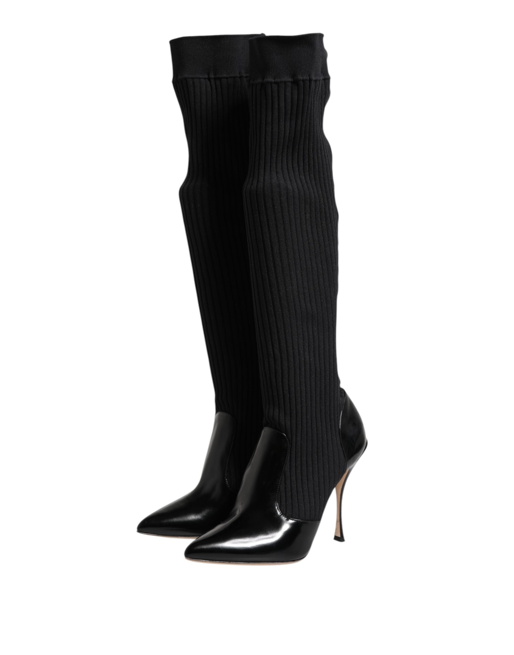 Dolce & Gabbana Black Leather Ribbed Knit Knee Boots Shoes Glam Steals
