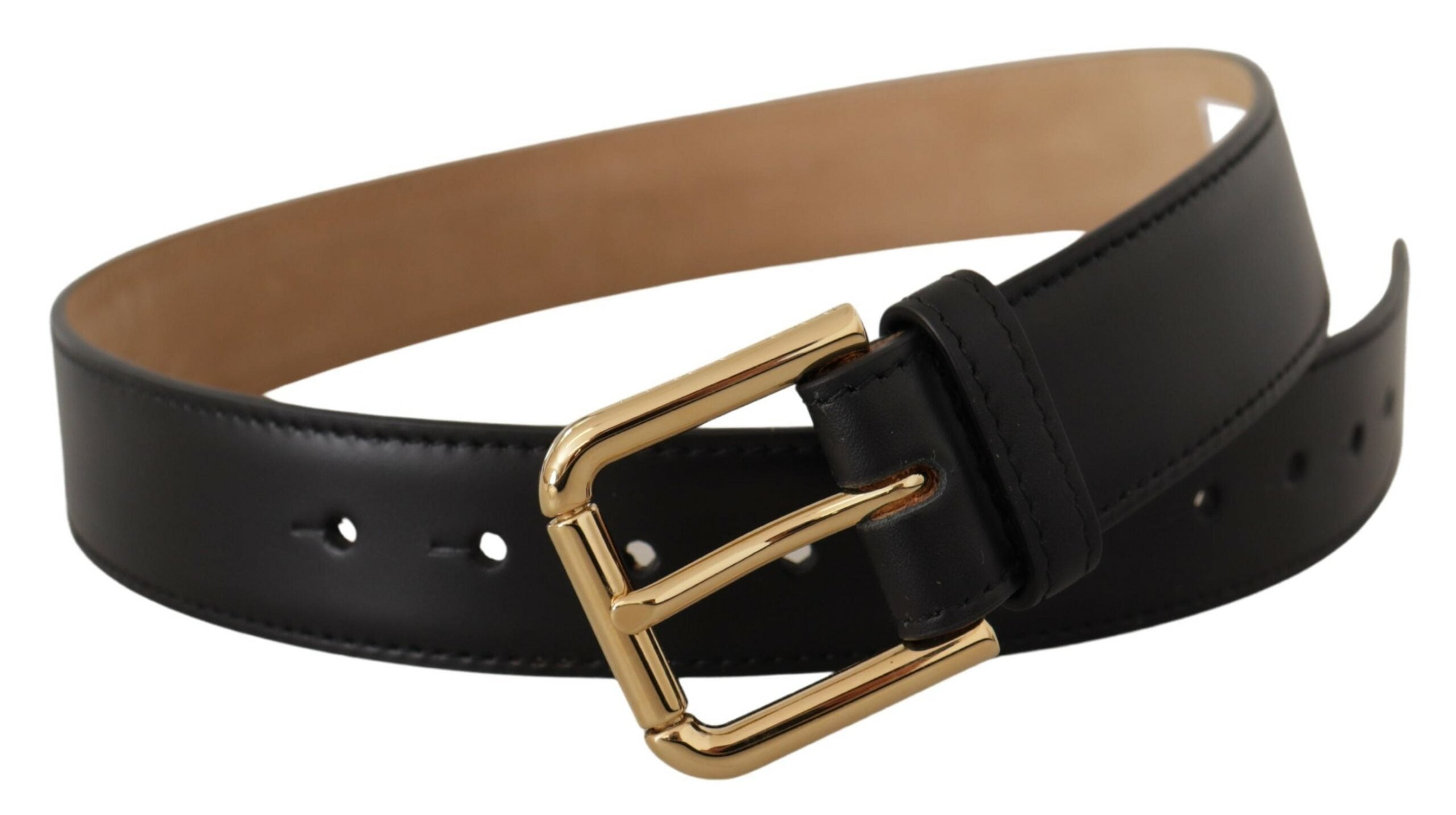Dolce & Gabbana Black Leather Solid Classic Gold Waist Buckle Belt Glam Steals