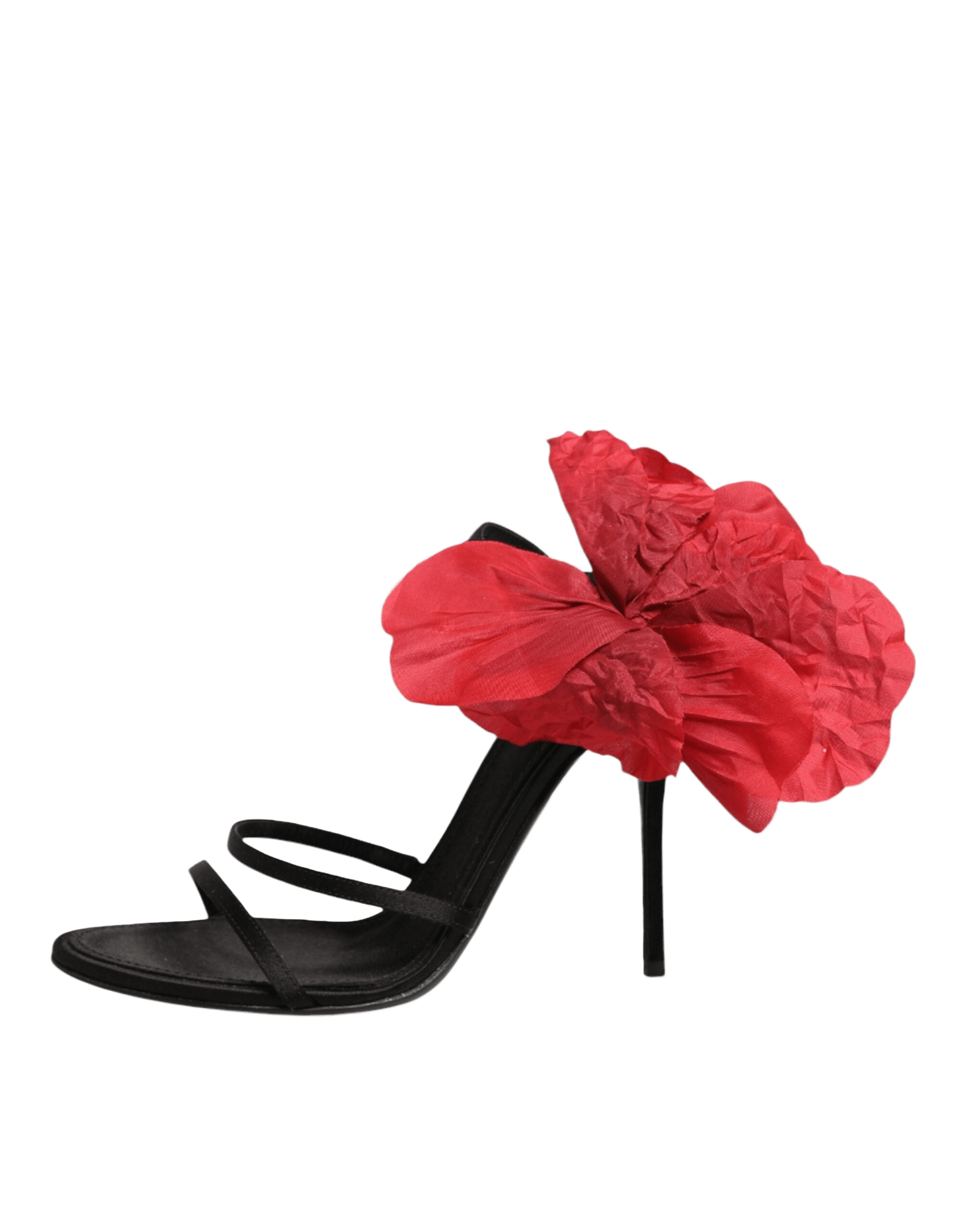 Dolce & Gabbana Black Leather Strappy Flower Heels Sandals Shoes Glam Steals