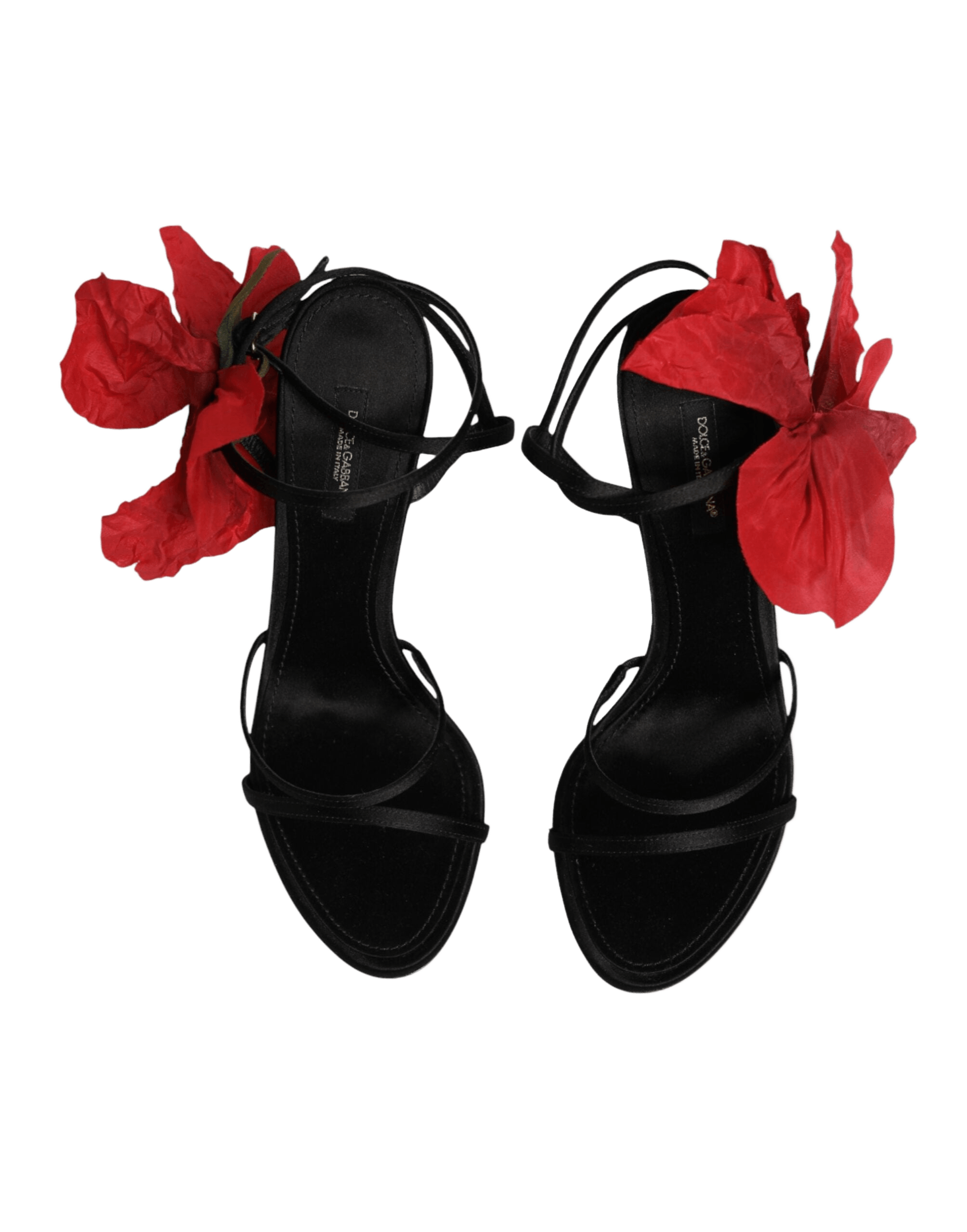 Dolce & Gabbana Black Leather Strappy Flower Heels Sandals Shoes Glam Steals