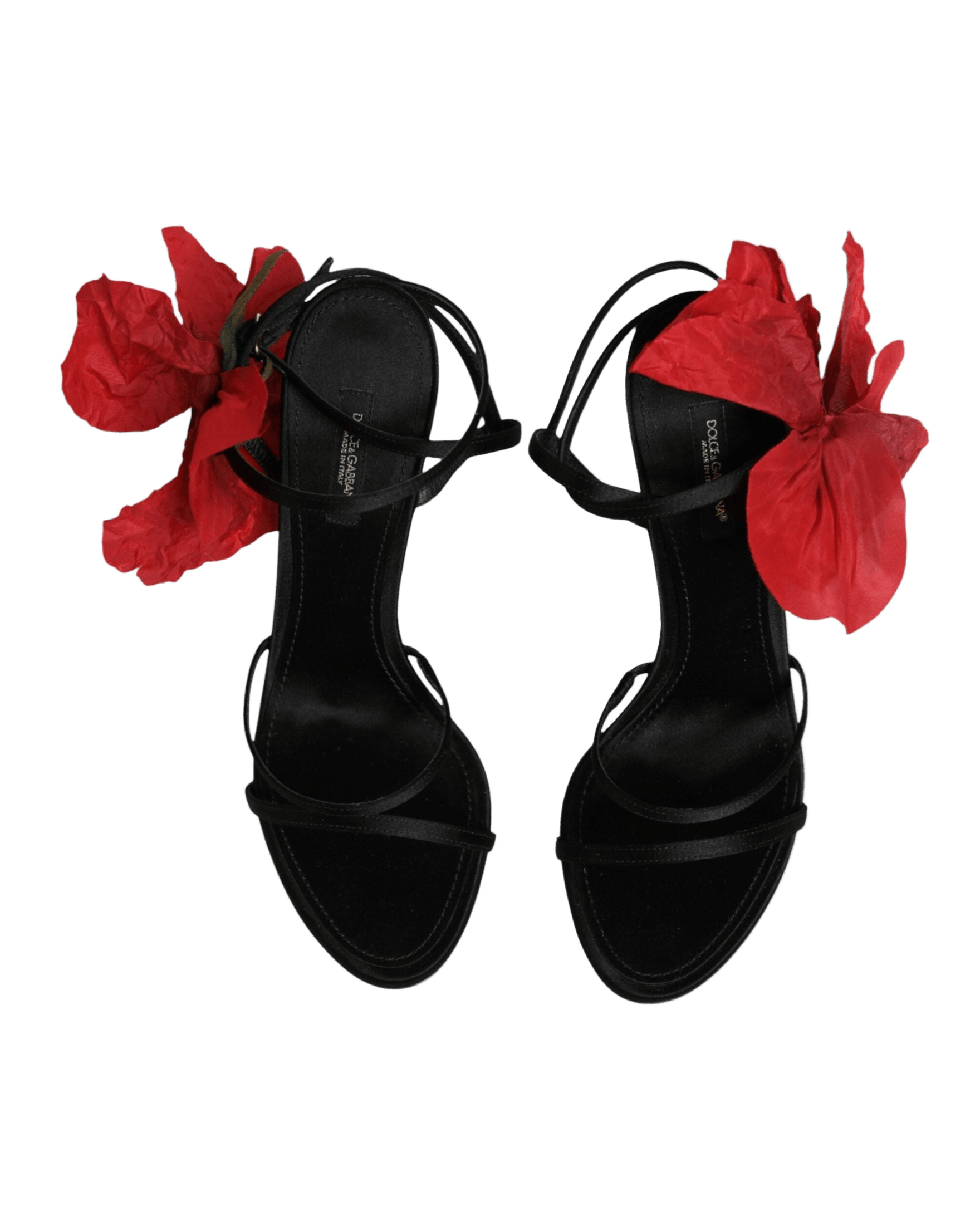 Dolce & Gabbana Black Leather Strappy Flower Heels Sandals Shoes Heels