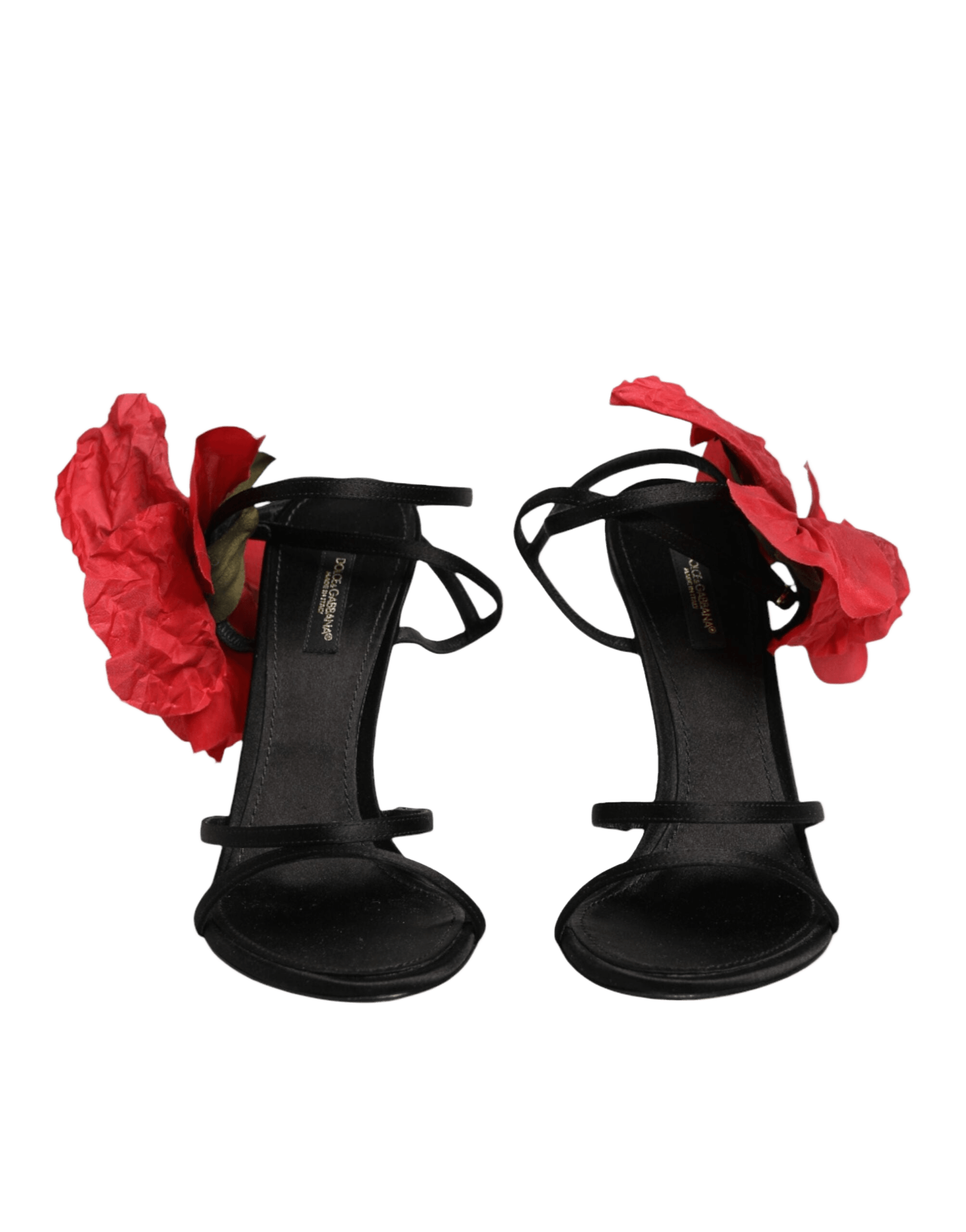 Dolce & Gabbana Black Leather Strappy Flower Heels Sandals Shoes Glam Steals