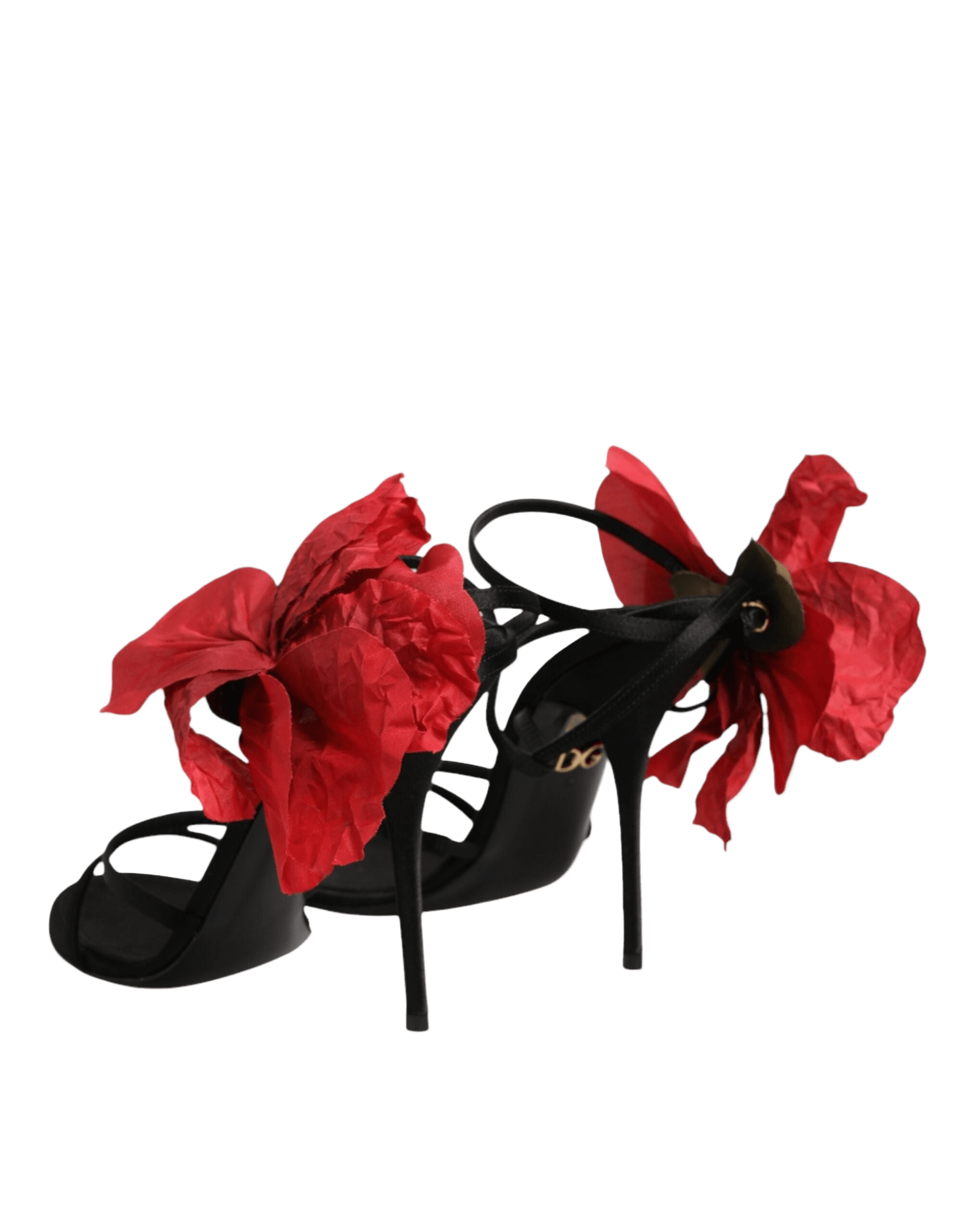 Dolce & Gabbana Black Leather Strappy Flower Heels Sandals Shoes Glam Steals