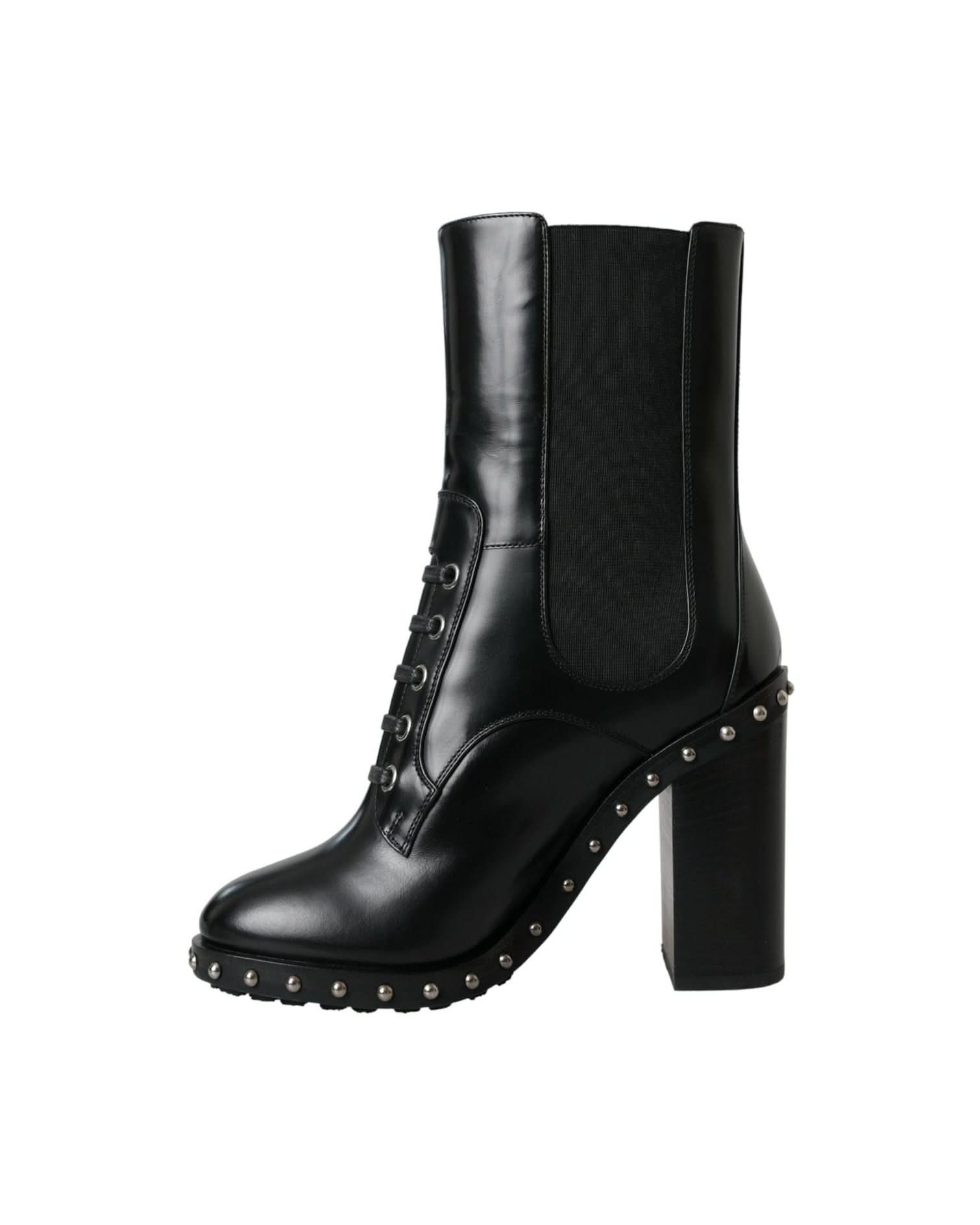 Dolce & Gabbana Black Leather Studded Lace Up Boots Shoes Boots