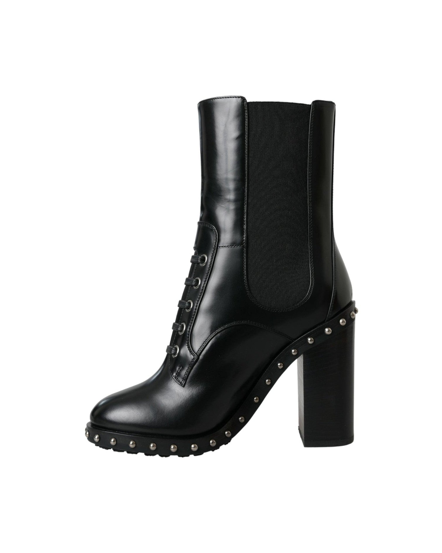 Dolce & Gabbana Black Leather Studded Lace Up Boots Shoes Boots