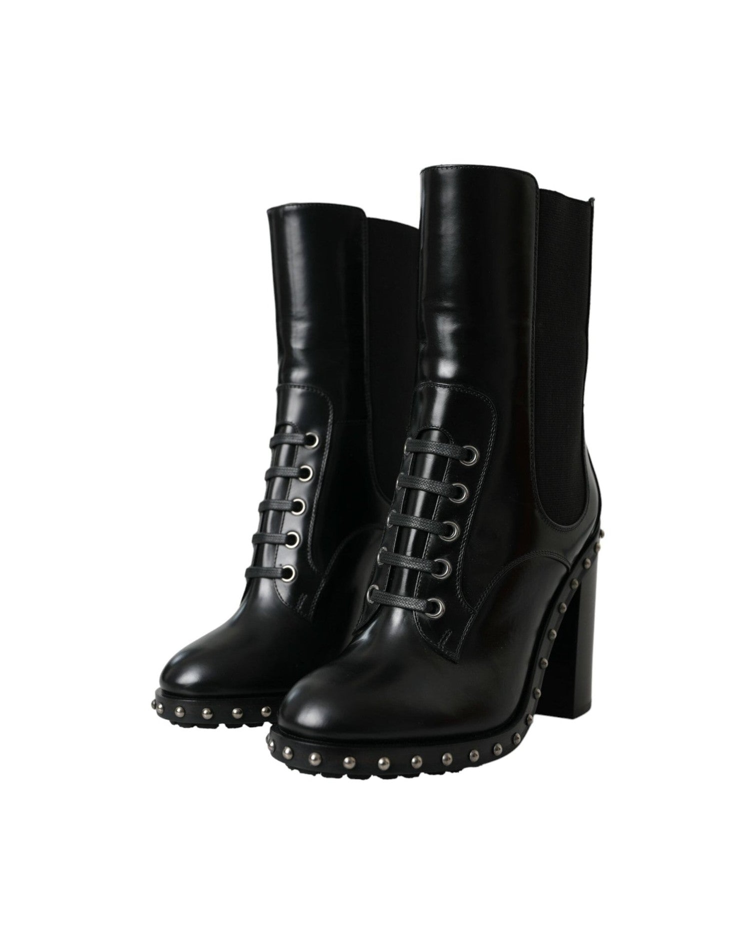 Dolce & Gabbana Black Leather Studded Lace Up Boots Shoes Boots