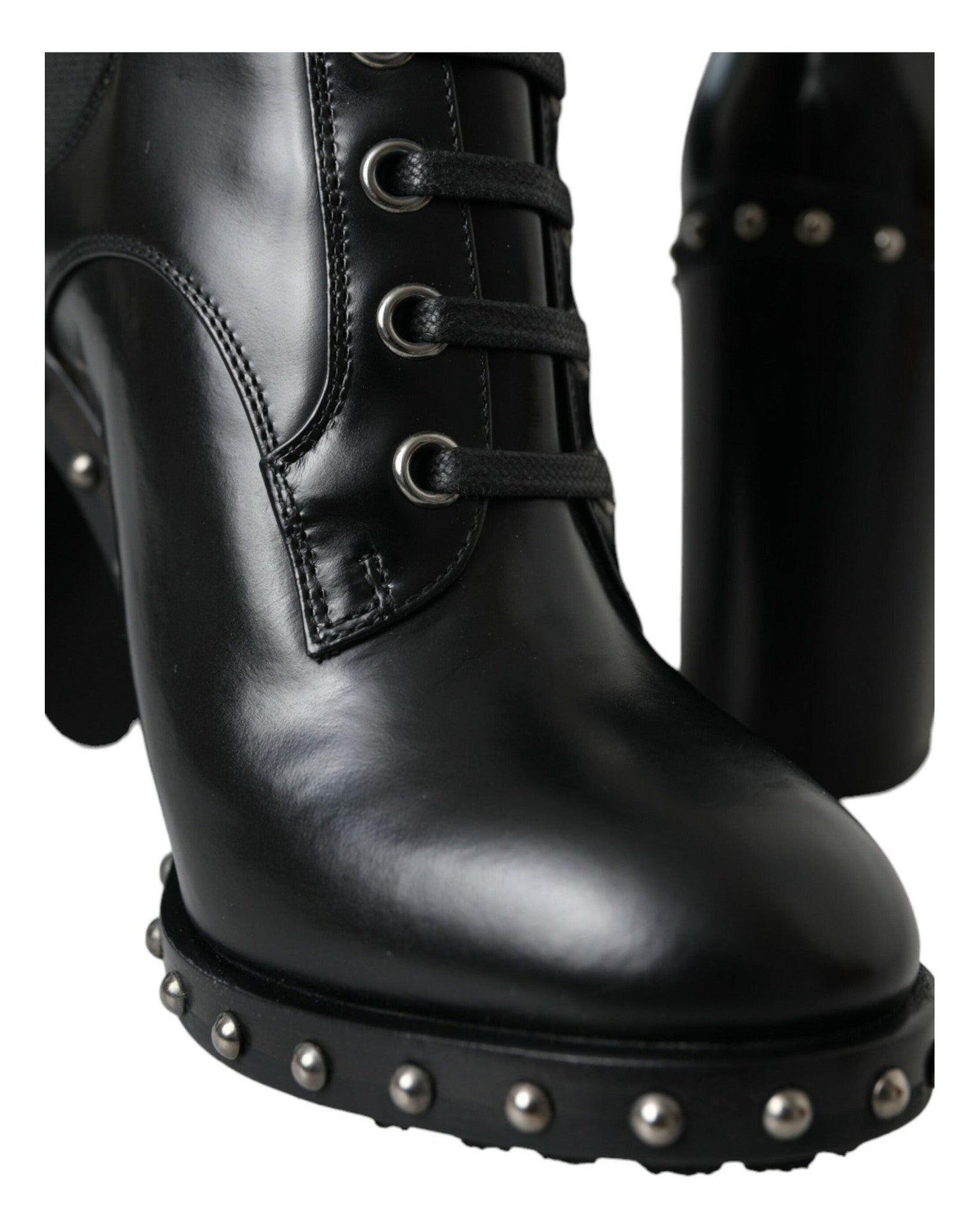 Dolce & Gabbana Black Leather Studded Lace Up Boots Shoes Boots