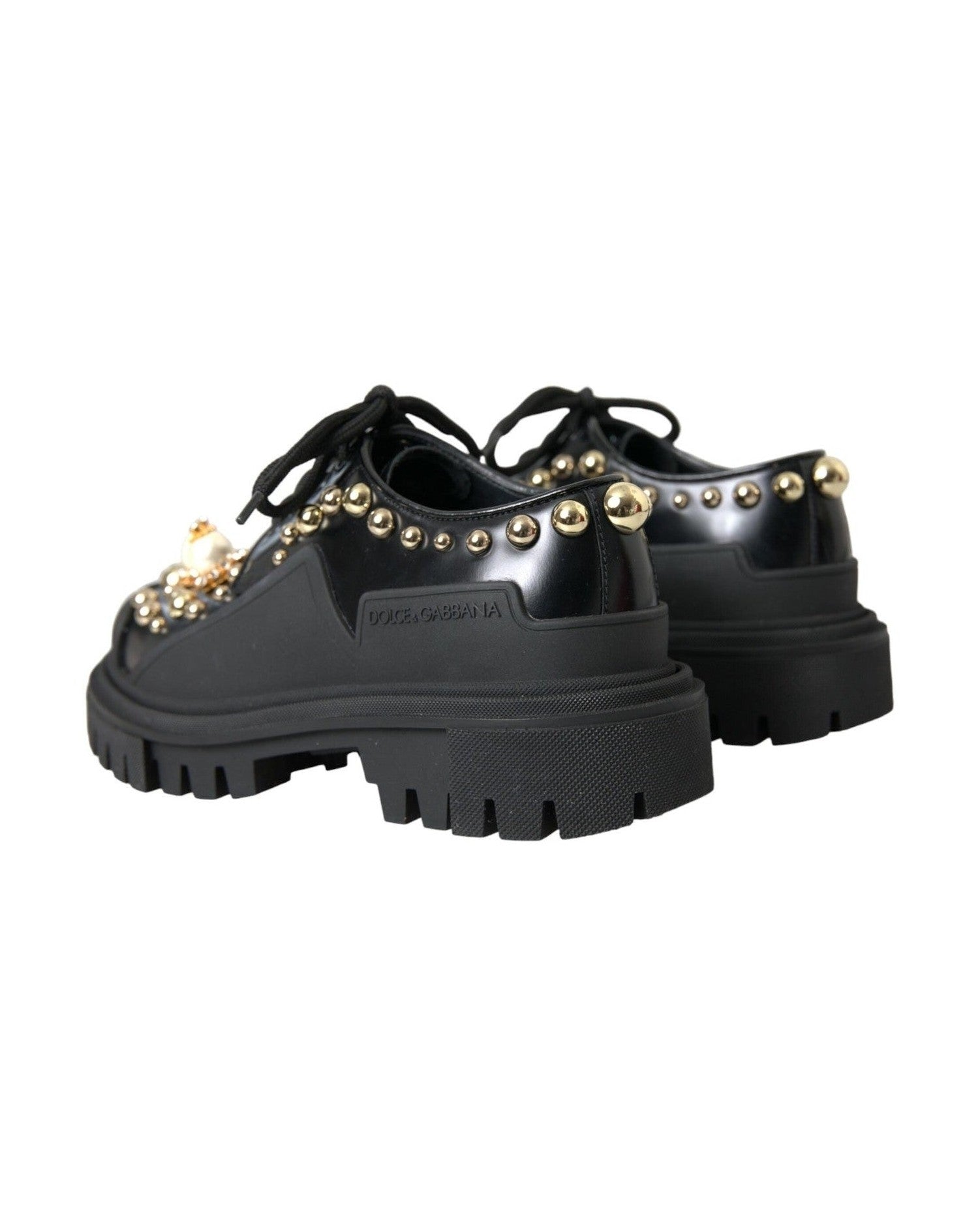 Dolce & Gabbana Black Leather Trekking Derby Embellished Shoes Boots