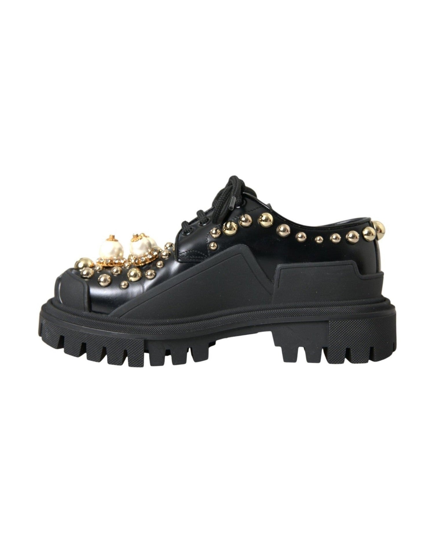 Dolce & Gabbana Black Leather Trekking Derby Embellished Shoes Boots