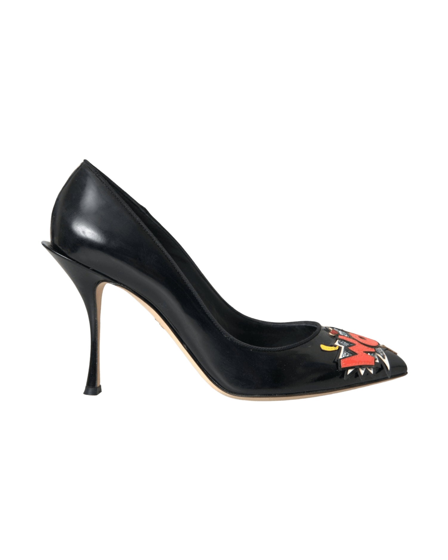 Dolce & Gabbana Black Leather Wow Patch Heels Pumps Shoes Heels