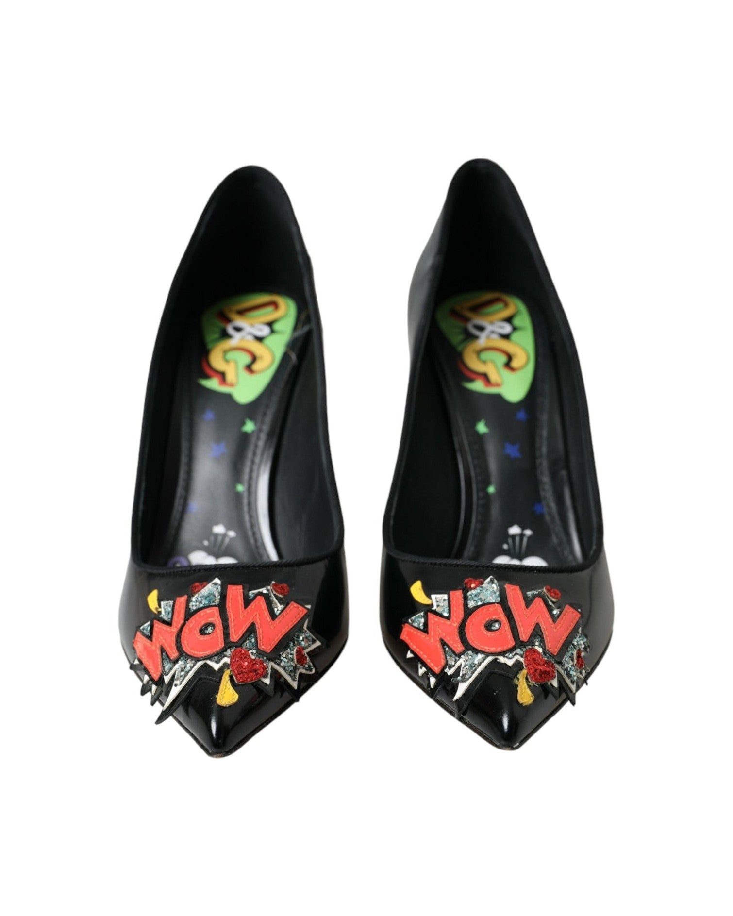 Dolce & Gabbana Black Leather Wow Patch Heels Pumps Shoes Glam Steals