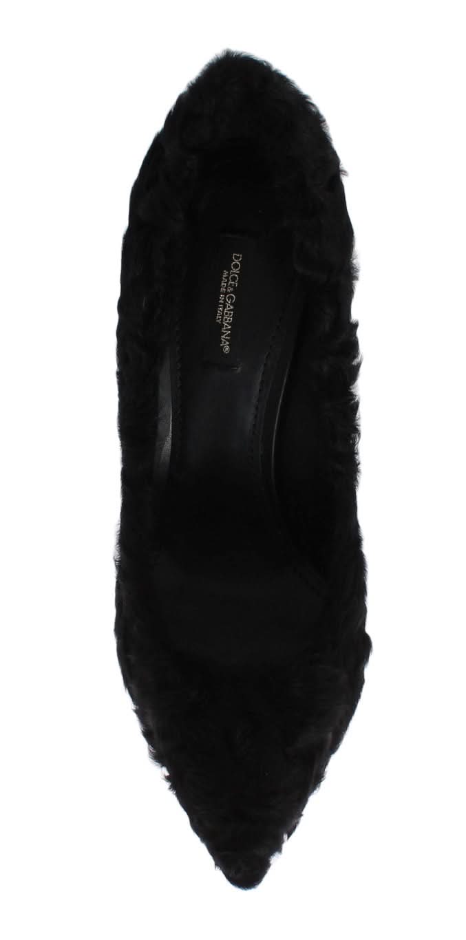 Dolce & Gabbana Black Leather Xiangao Lamb Fur Pumps Heels