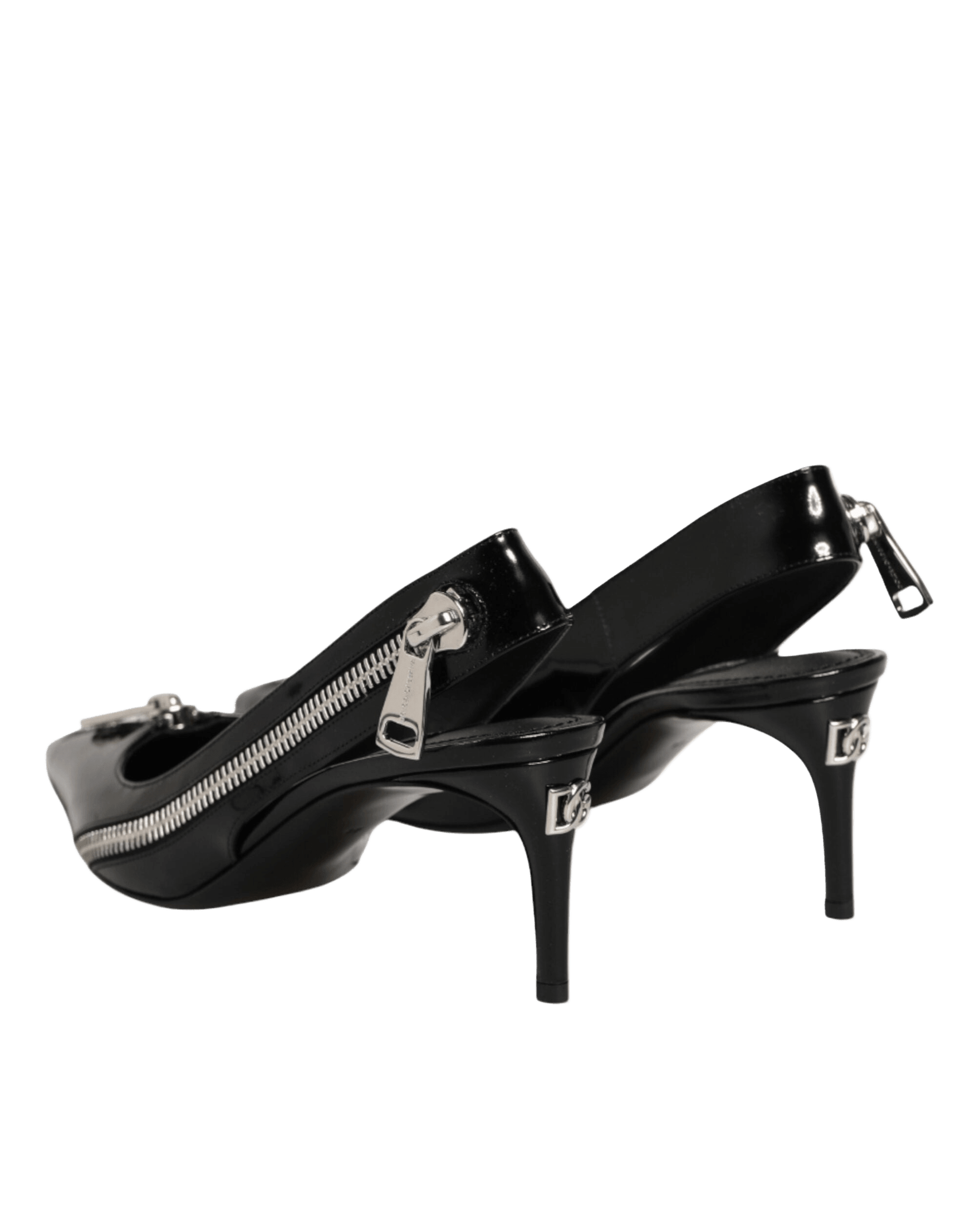Dolce & Gabbana Black Leather Zipper Heels Slingbacks Shoes Heels