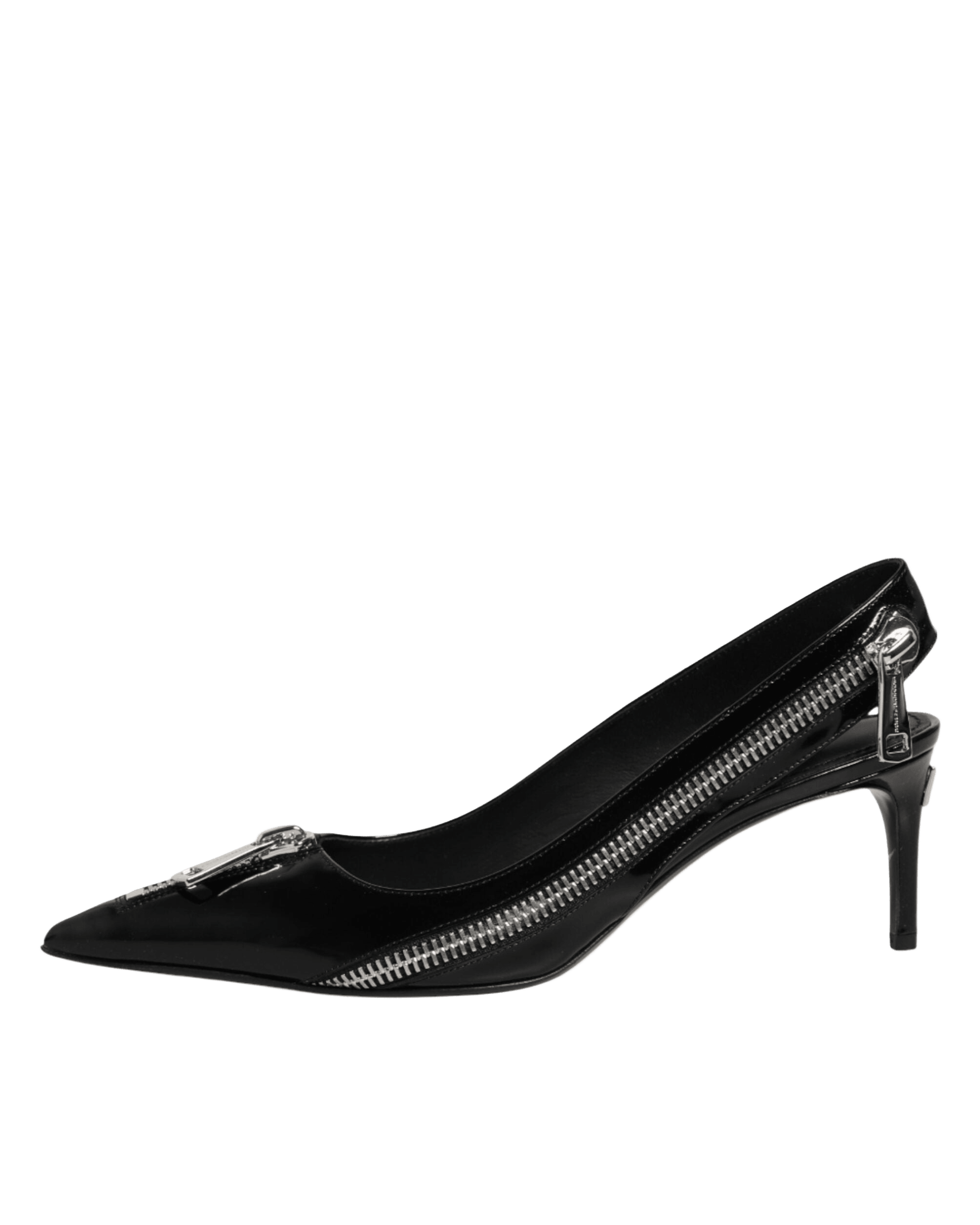 Dolce & Gabbana Black Leather Zipper Heels Slingbacks Shoes Heels