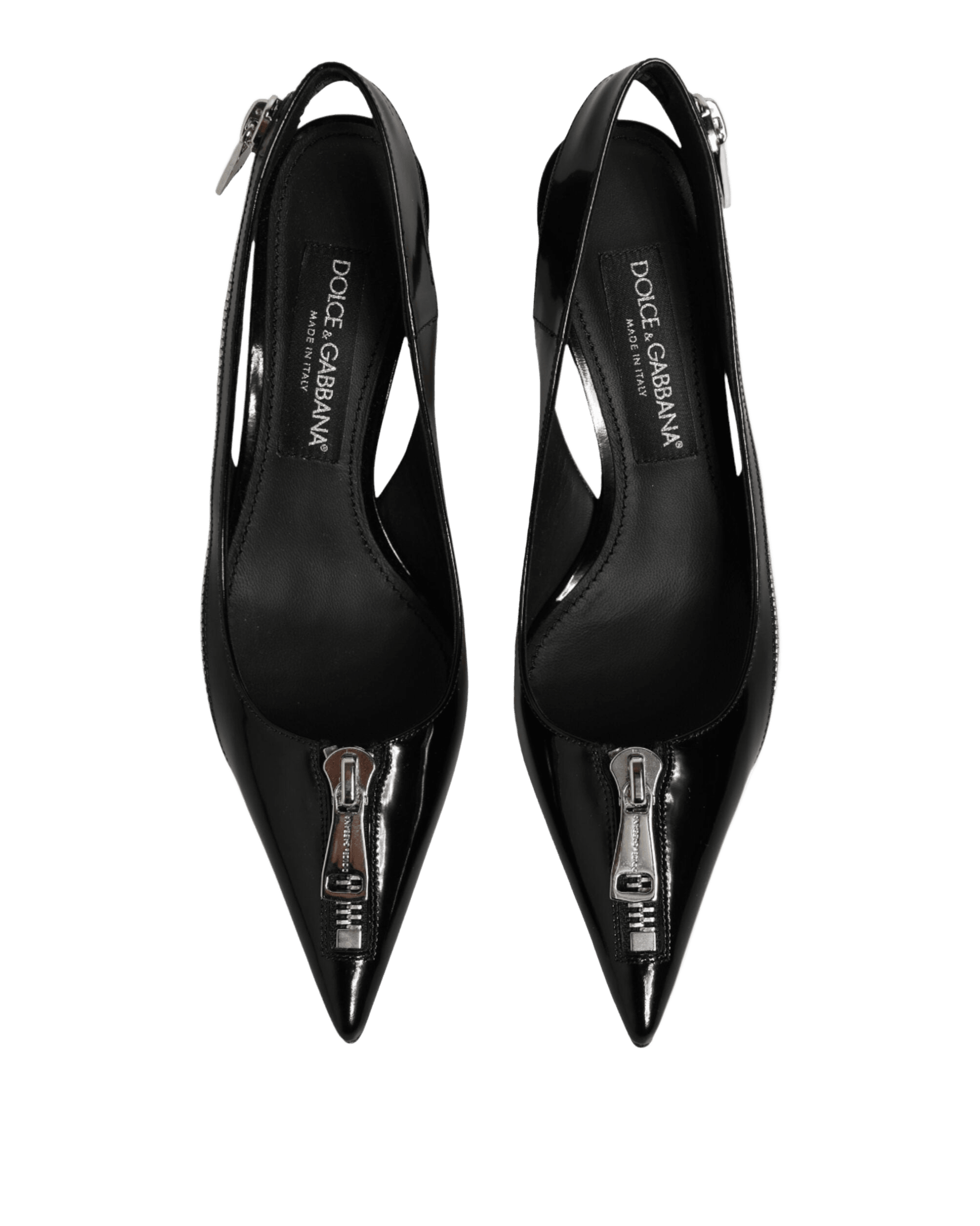 Dolce & Gabbana Black Leather Zipper Heels Slingbacks Shoes Heels