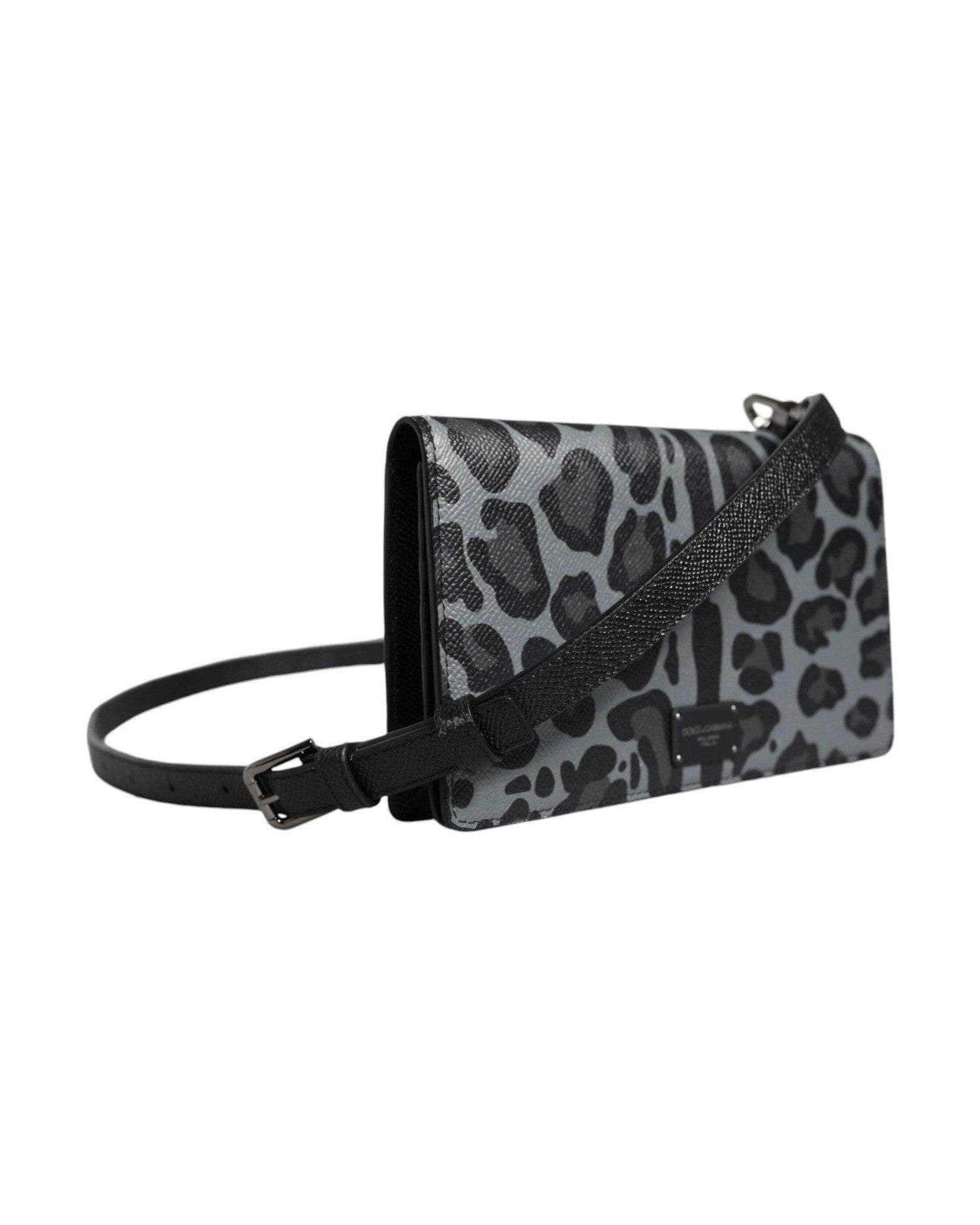 Dolce & Gabbana Leopard Leather Bifold Card Slot Crossbody Black Gray Bag Glam Steals
