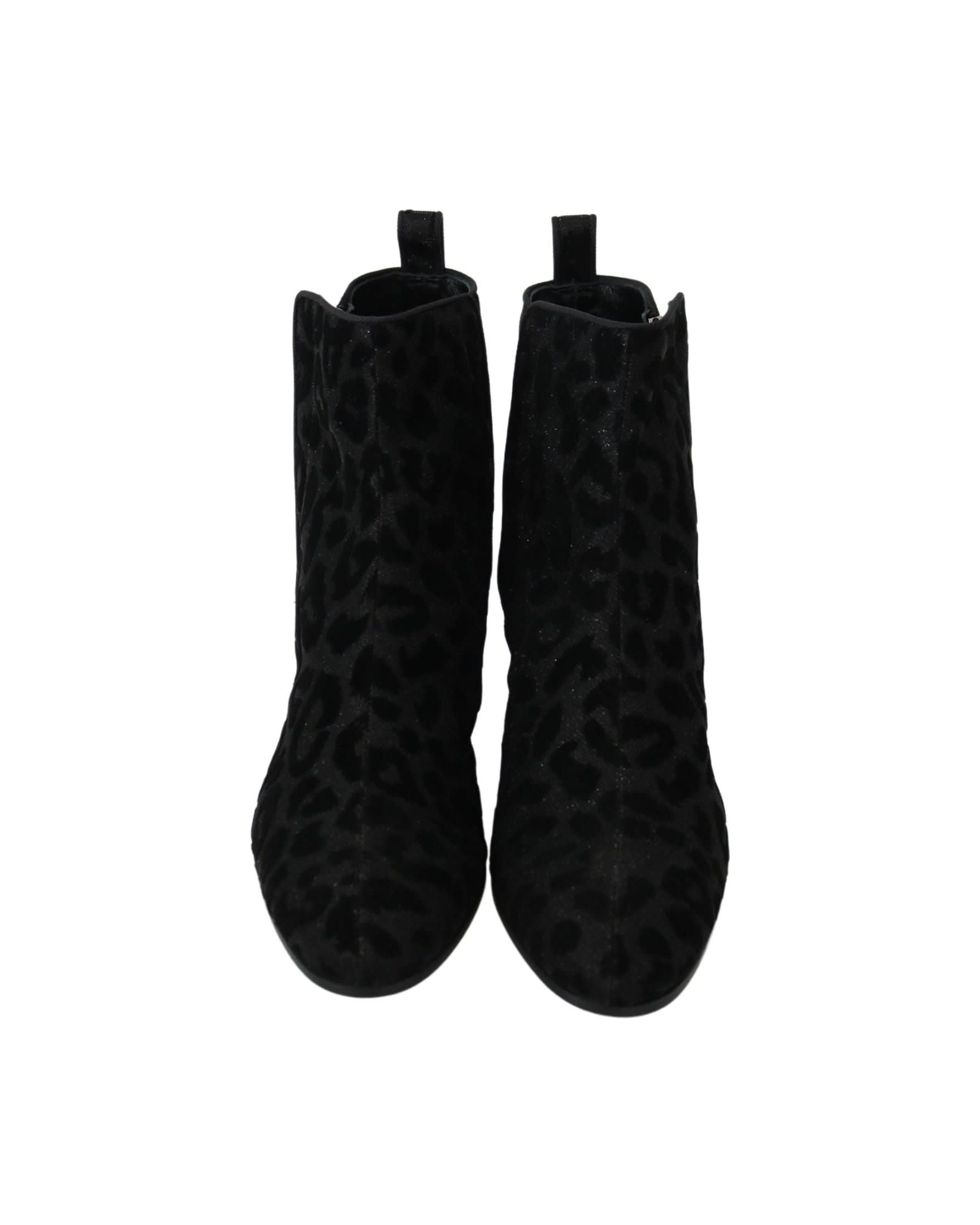 Dolce & Gabbana Black Leopard Short Boots Zipper Shoes Boots