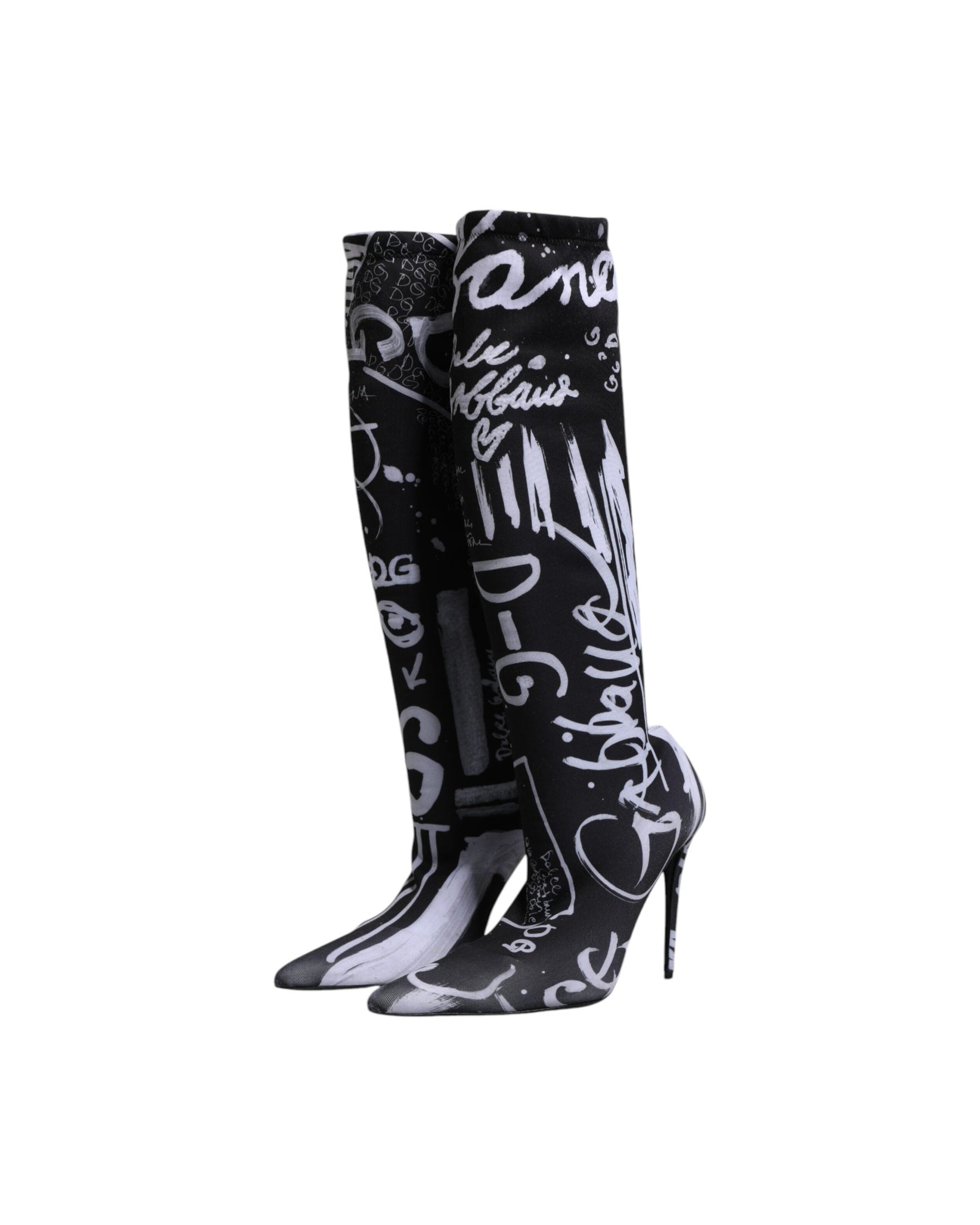 Dolce & Gabbana Black Logo Stretch Heels High Boots Shoes Glam Steals
