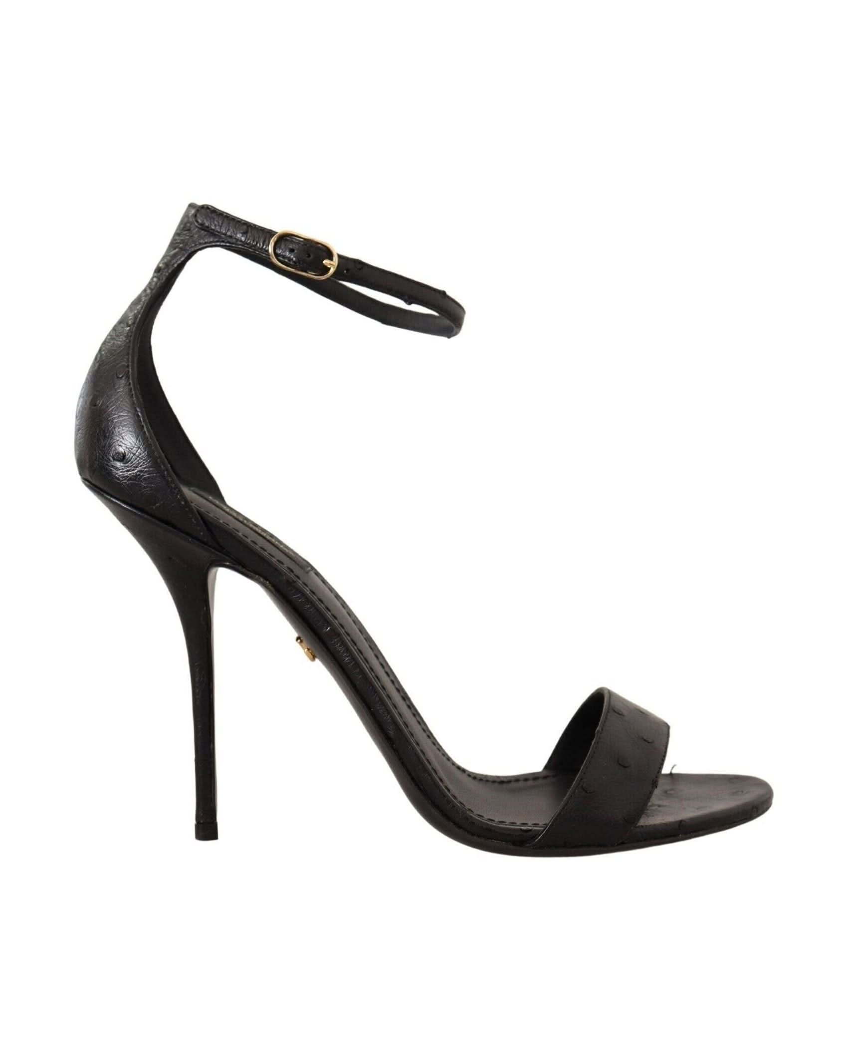 Dolce & Gabbana Black Ostrich Ankle Strap Heels Sandals Shoes Heels
