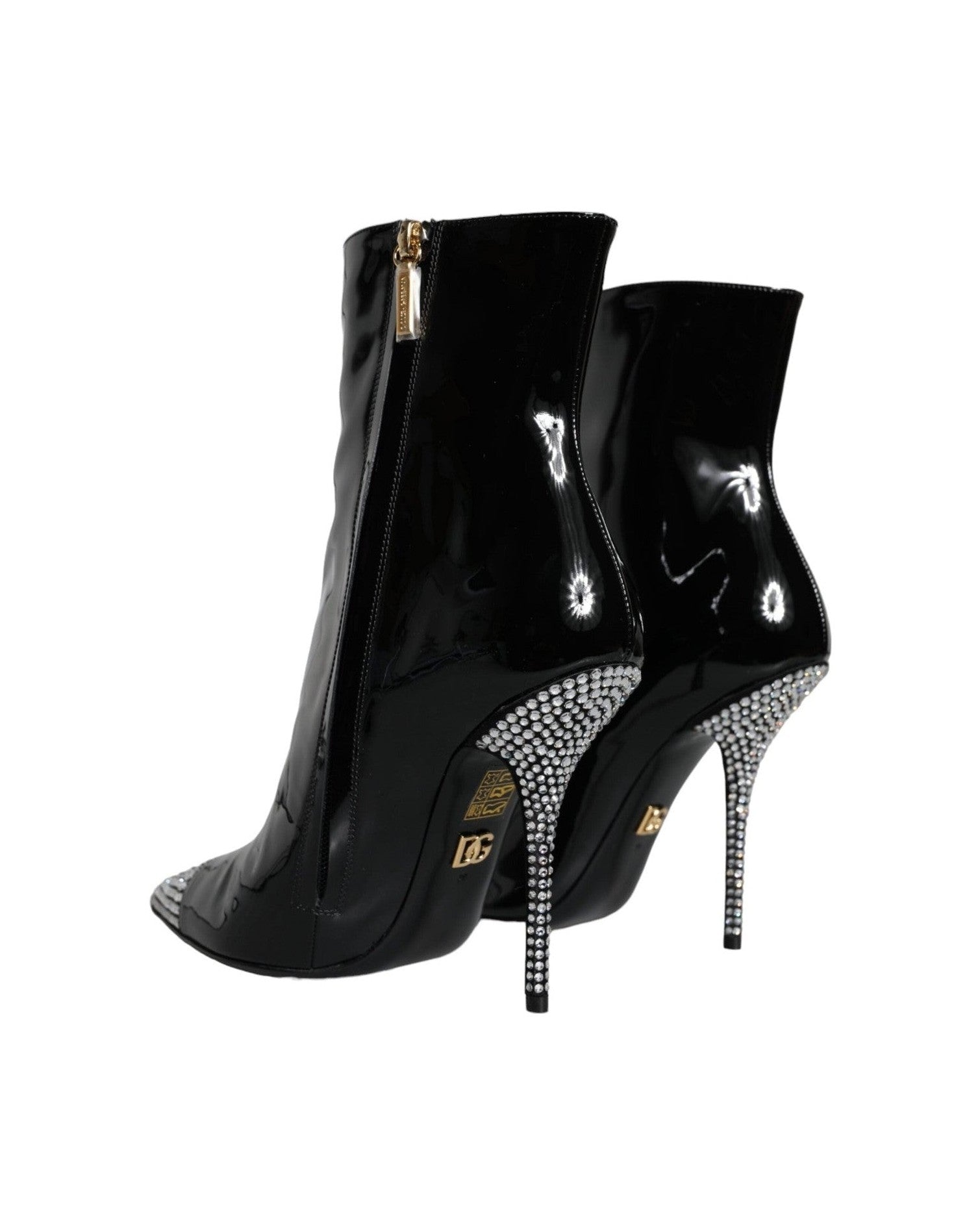 Dolce & Gabbana Black Patent Leather Crystal Heel Boots Shoes Glam Steals