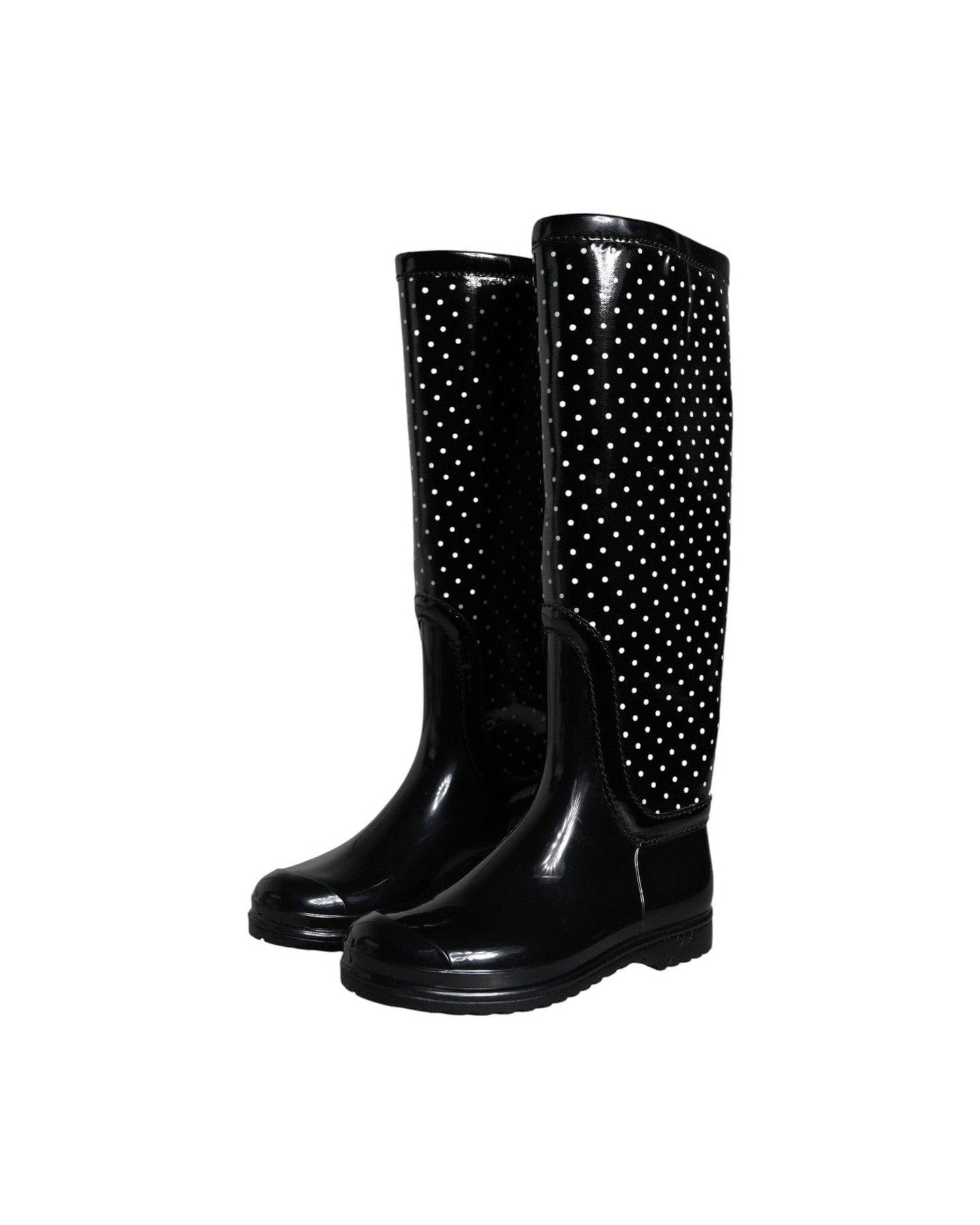 Dolce & Gabbana Black Polka Dot Rubber Knee High Boots Shoes Glam Steals