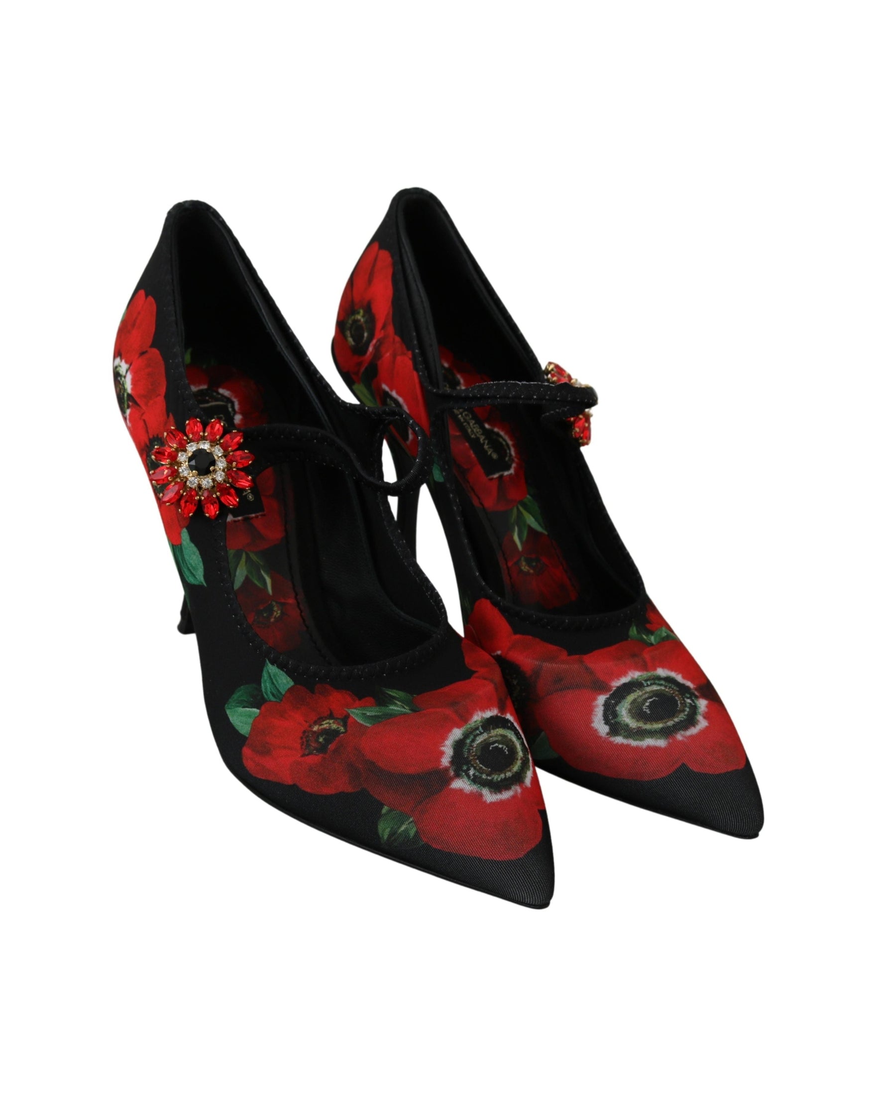 Dolce & Gabbana Black Red Floral Mary Janes Pumps Shoes Heels