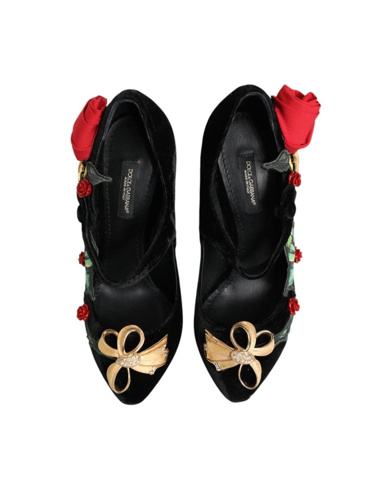 Dolce & Gabbana Black Roses Crystal Brooch Mary Jane Shoes Heels