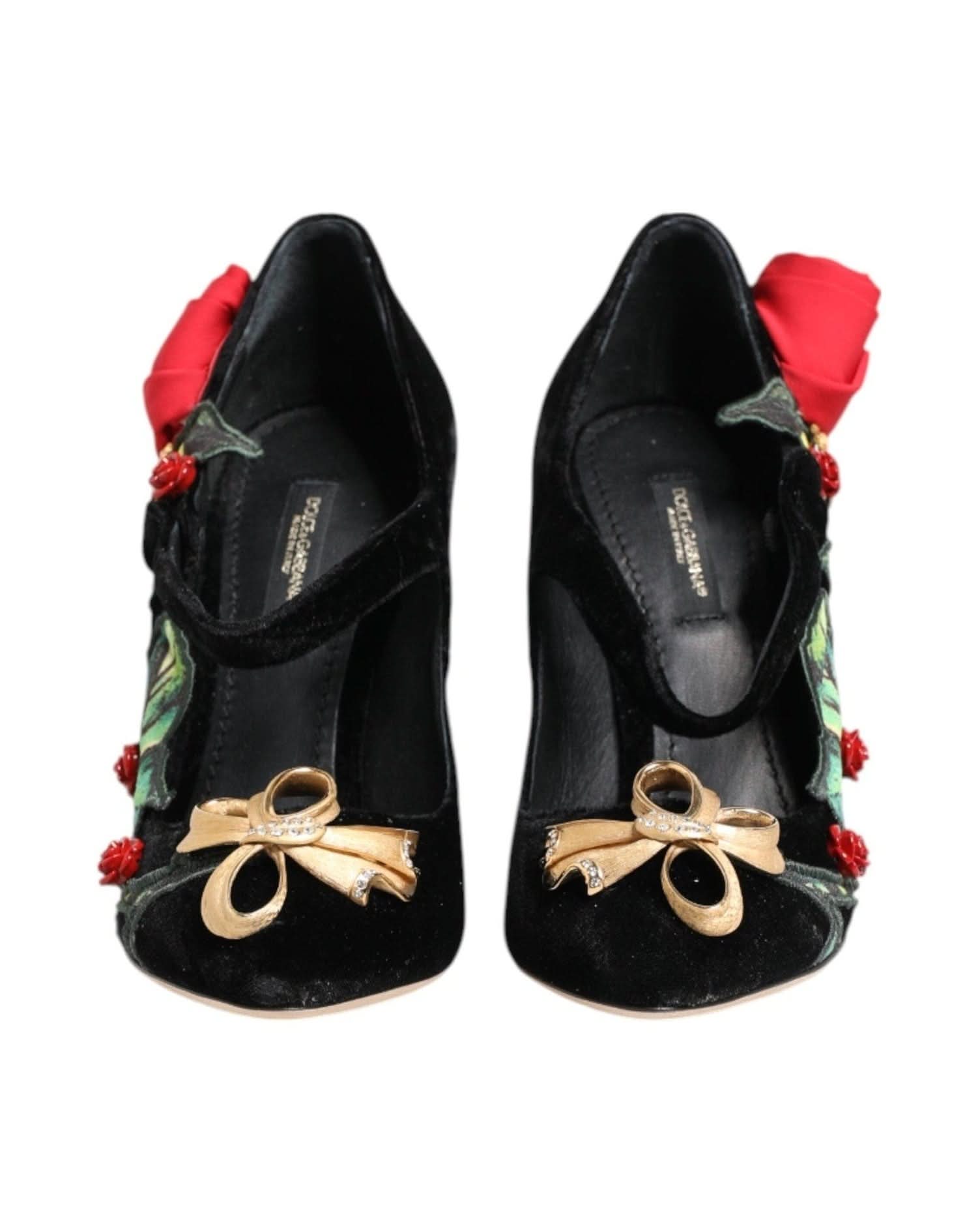 Dolce & Gabbana Black Roses Crystal Brooch Mary Jane Shoes Heels
