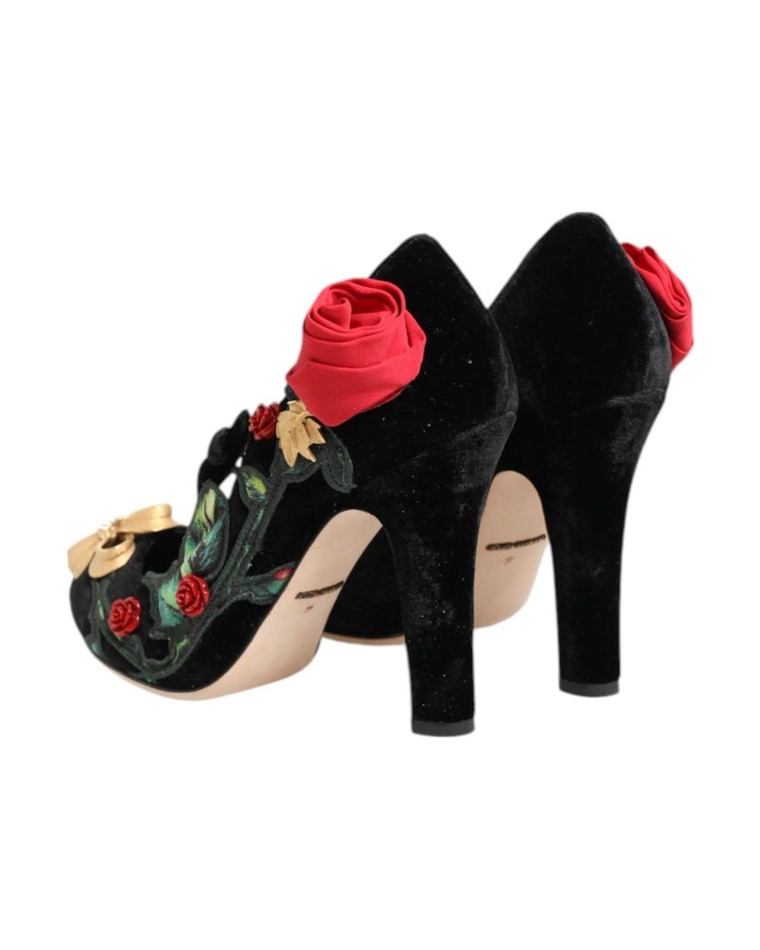 Dolce & Gabbana Black Roses Crystal Brooch Mary Jane Shoes Heels