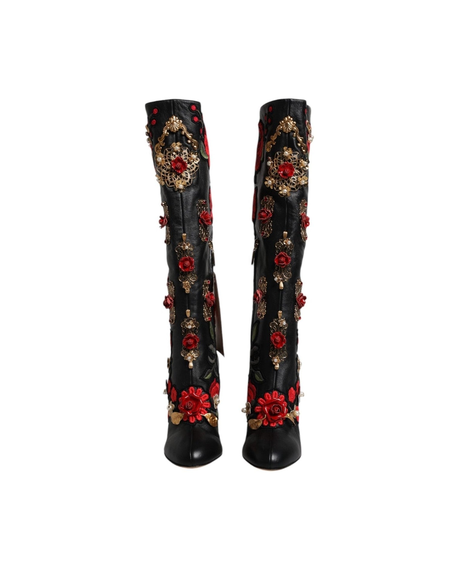 Dolce & Gabbana Black Roses Embellished Leather Heel Boots Shoes Boots