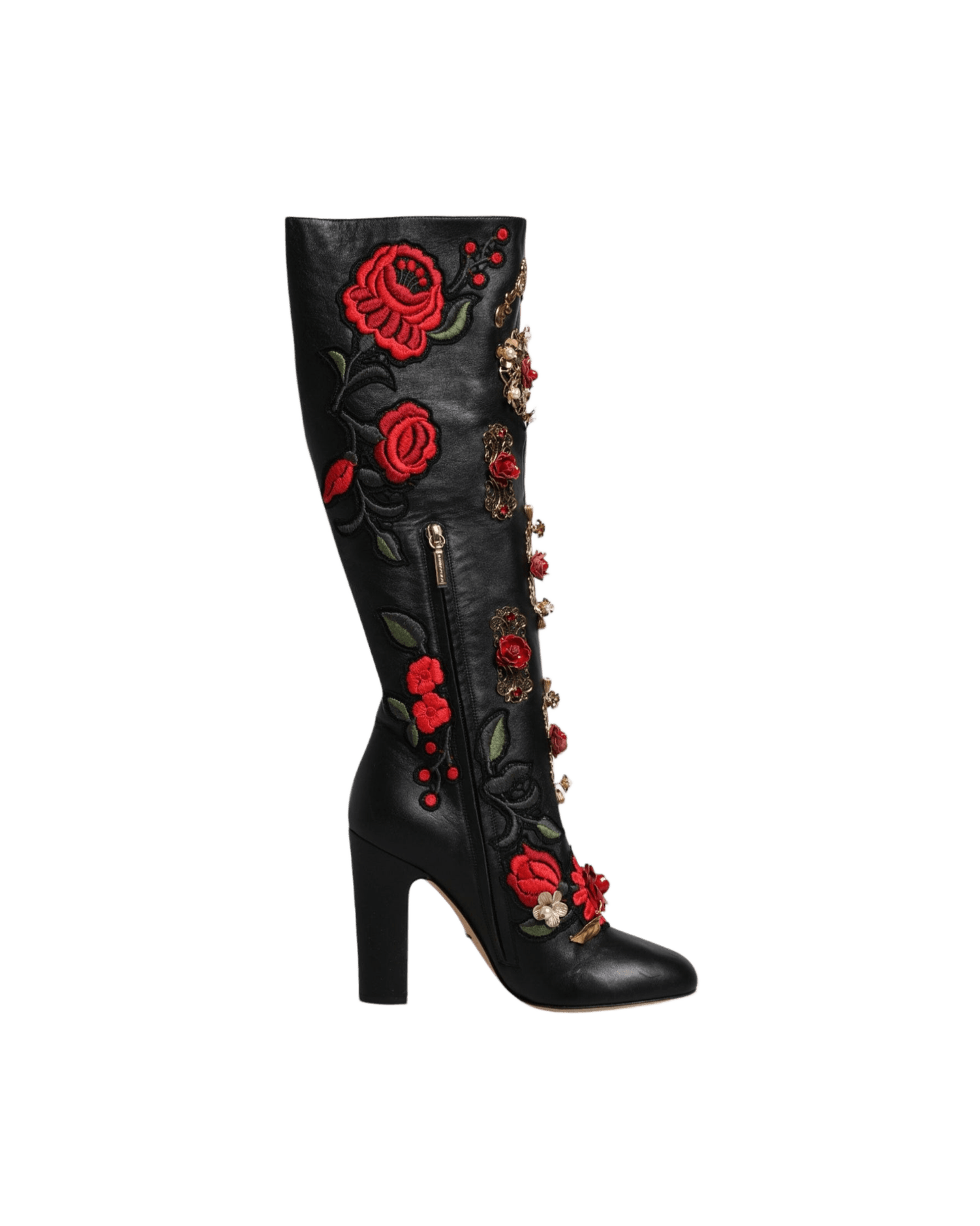 Dolce & Gabbana Black Roses Embellished Leather Heel Boots Shoes Boots