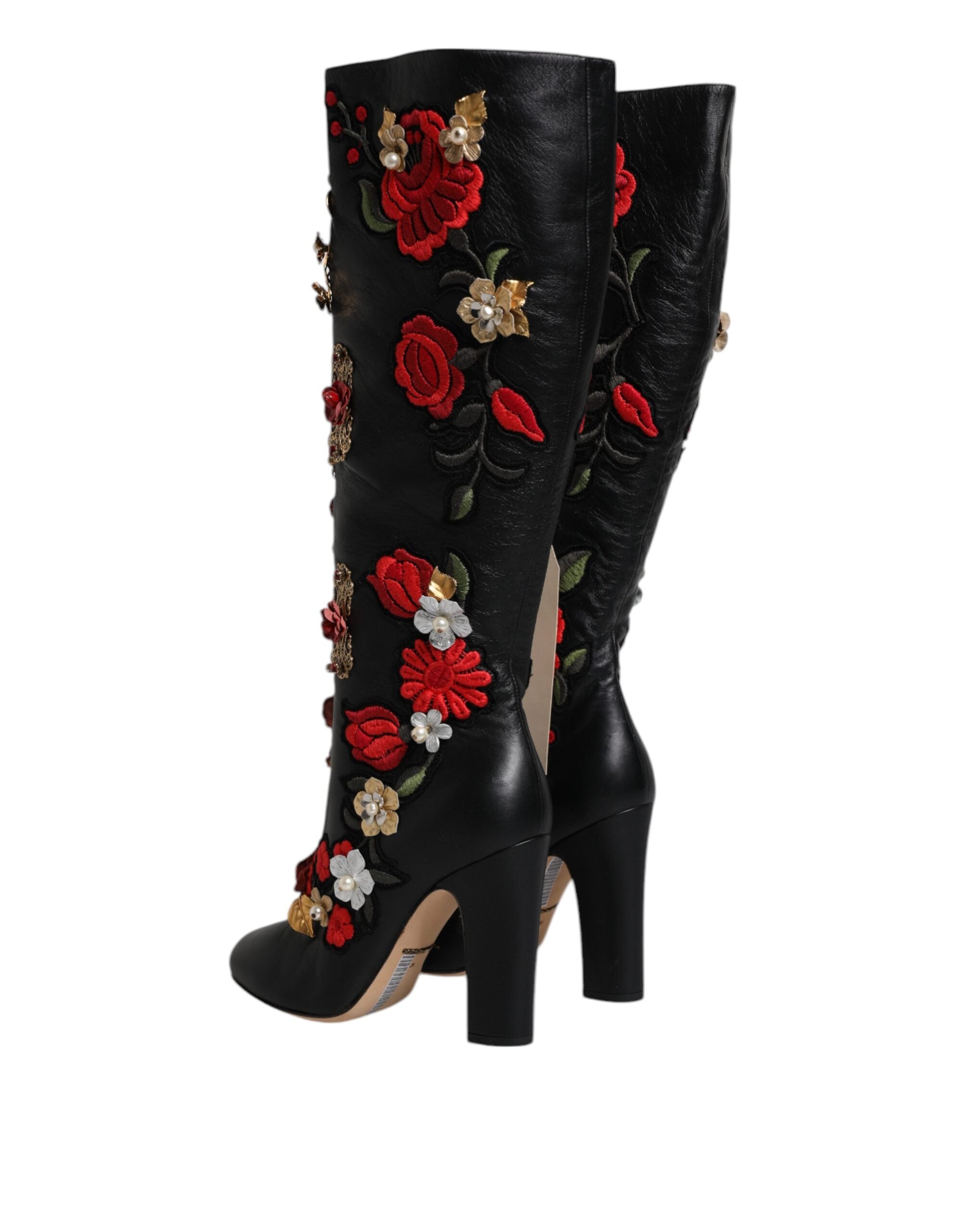 Dolce & Gabbana Black Roses Embellished Leather Heel Boots Shoes Glam Steals