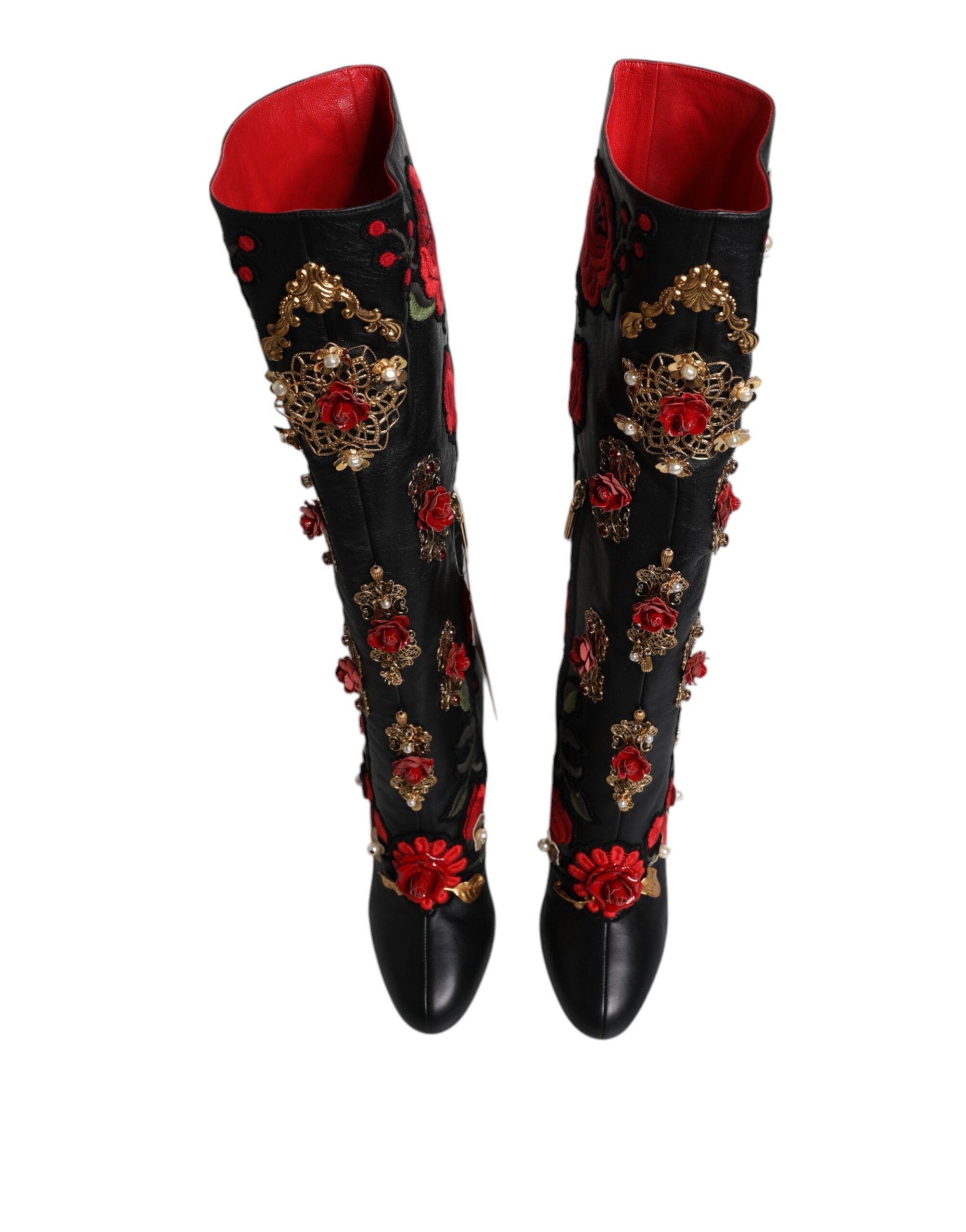 Dolce & Gabbana Black Roses Embellished Leather Heel Boots Shoes Glam Steals