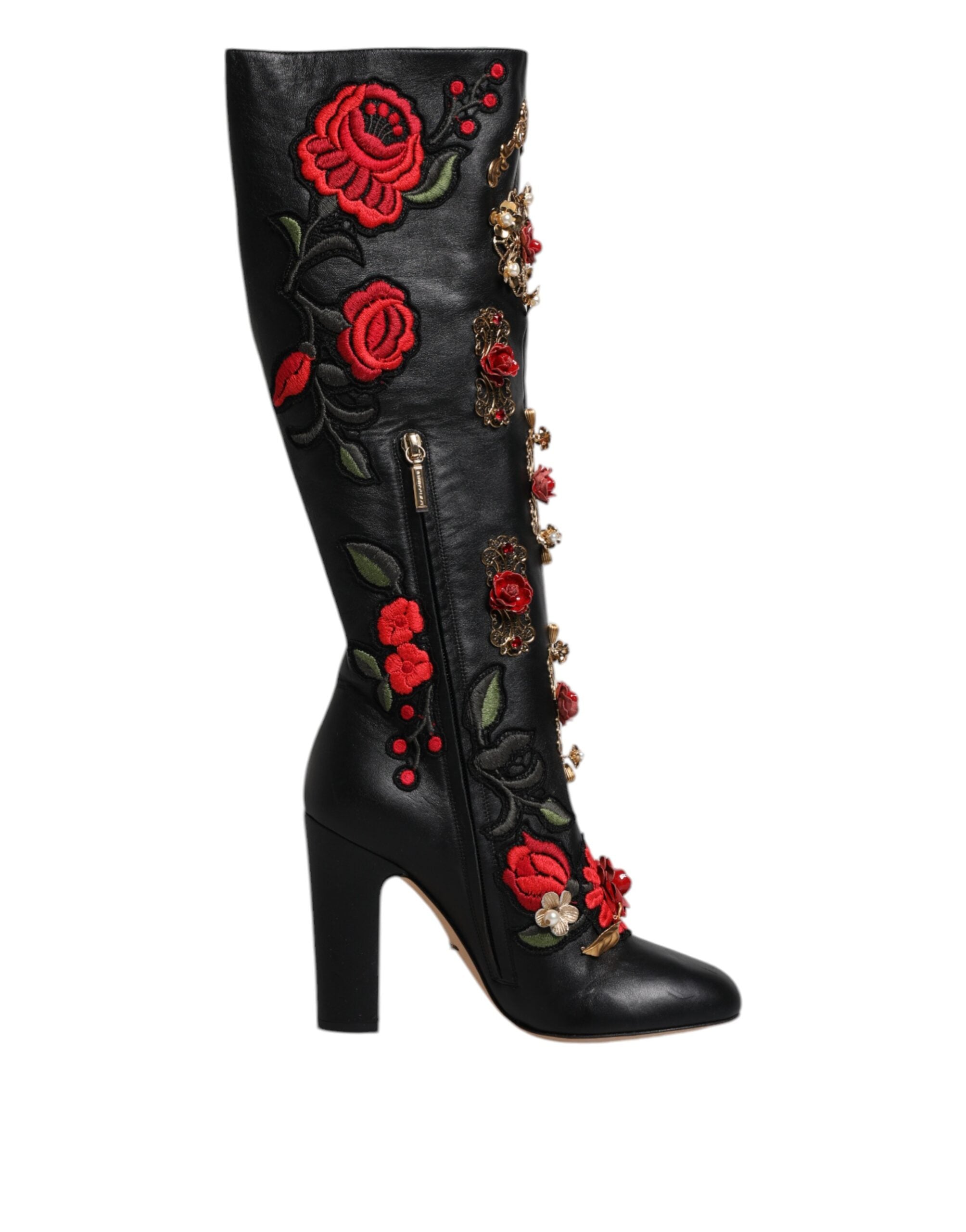 Dolce & Gabbana Black Roses Embellished Leather Heel Boots Shoes Glam Steals