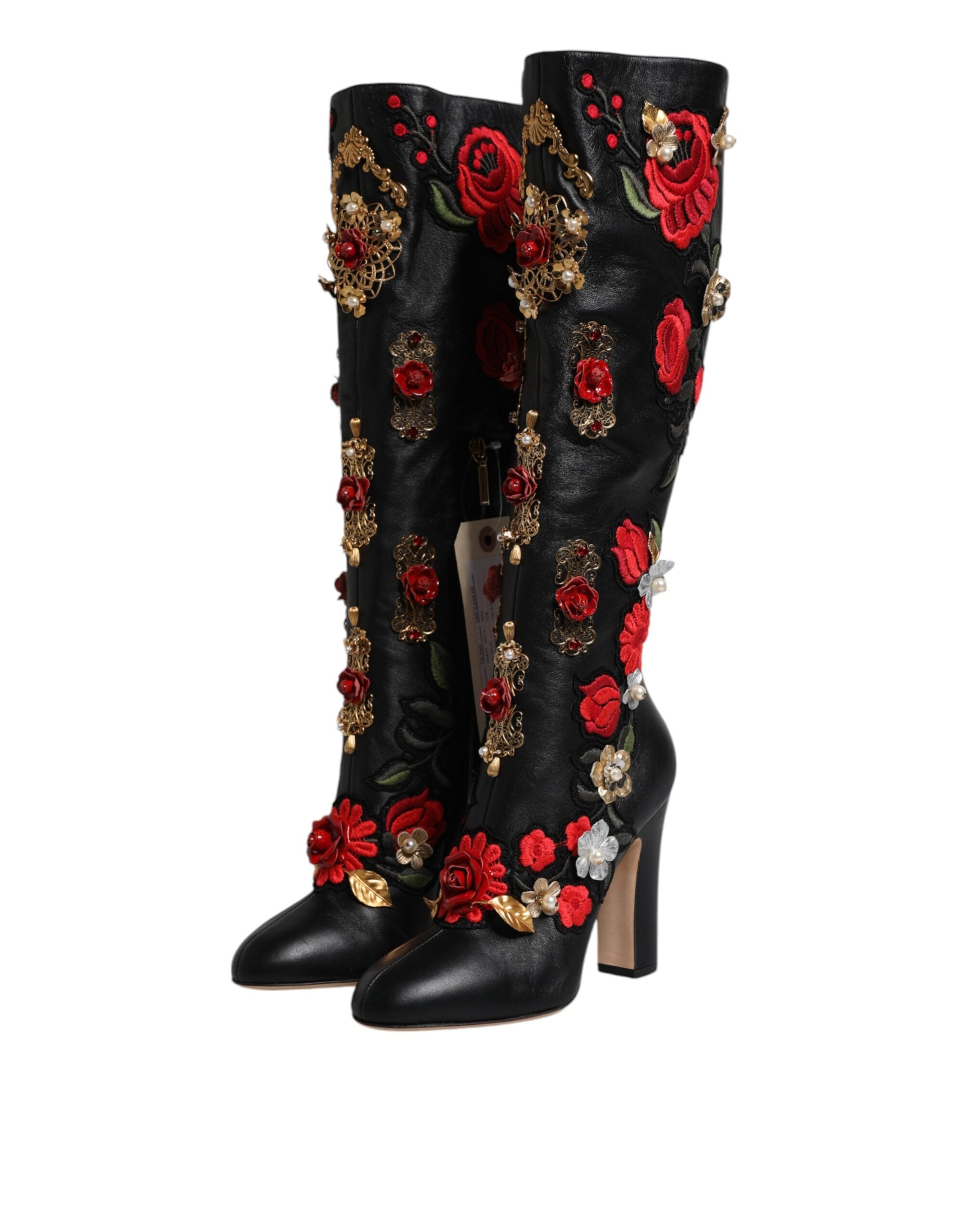 Dolce & Gabbana Black Roses Embellished Leather Heel Boots Shoes Glam Steals