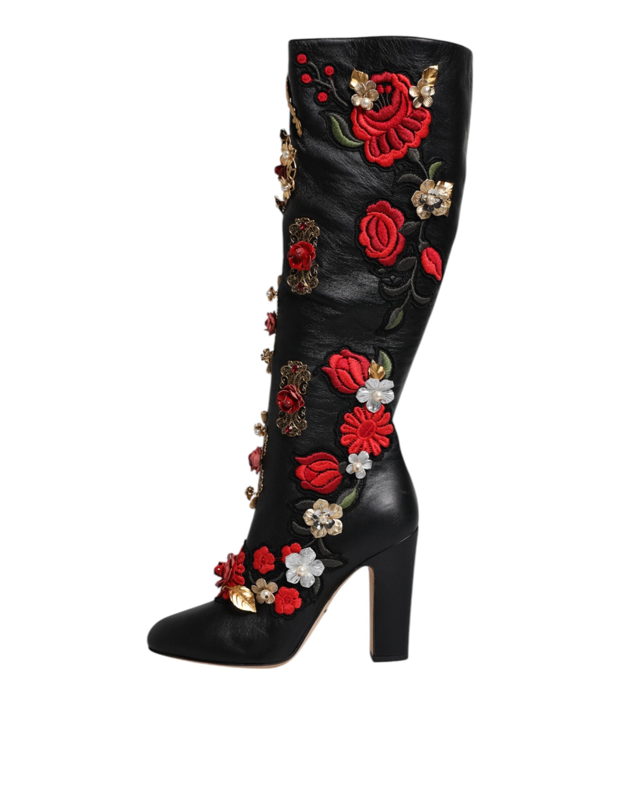 Dolce & Gabbana Black Roses Embellished Leather Heel Boots Shoes Glam Steals