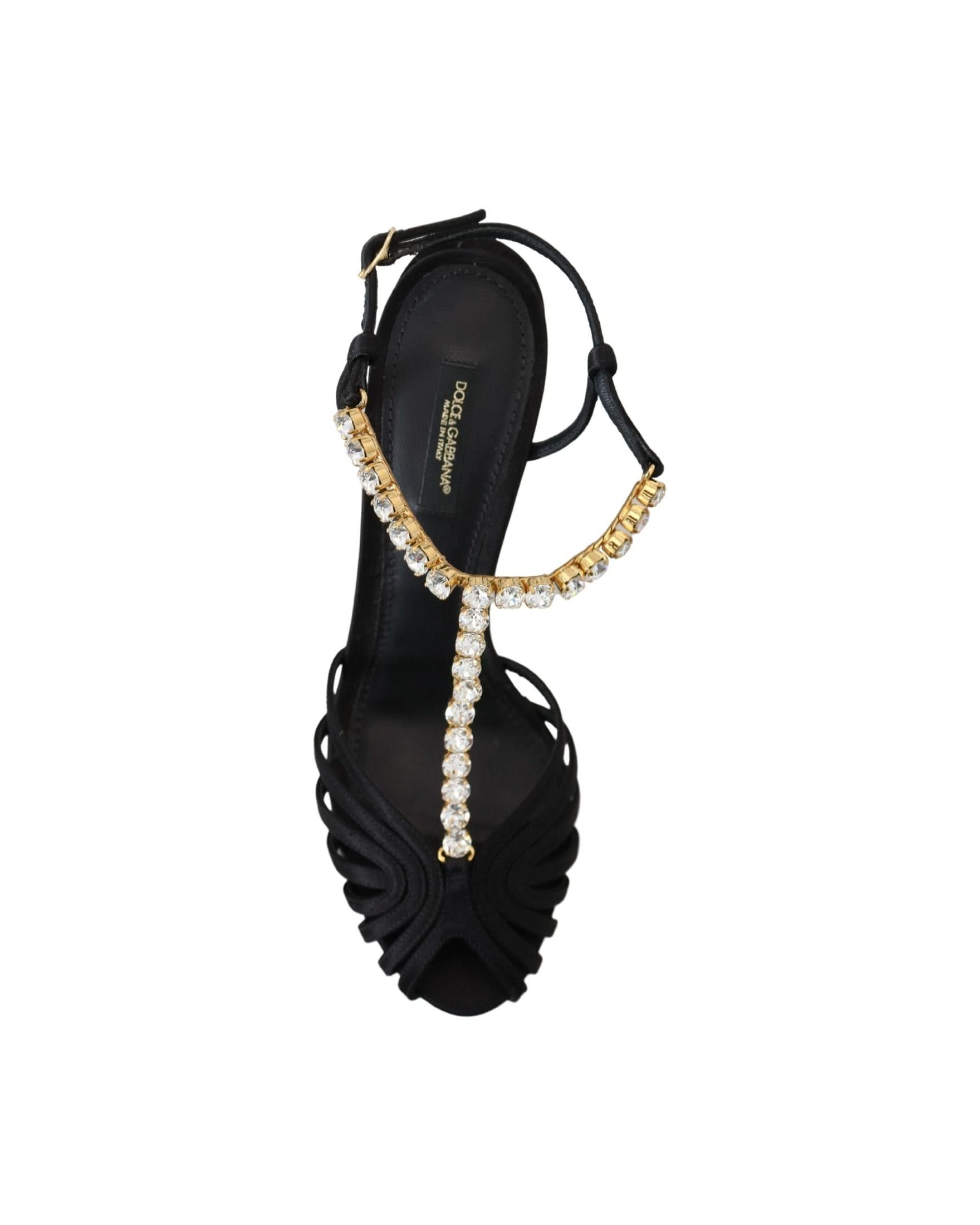 Dolce & Gabbana Black Satin Clear Crystal T Strap Sandals Heels