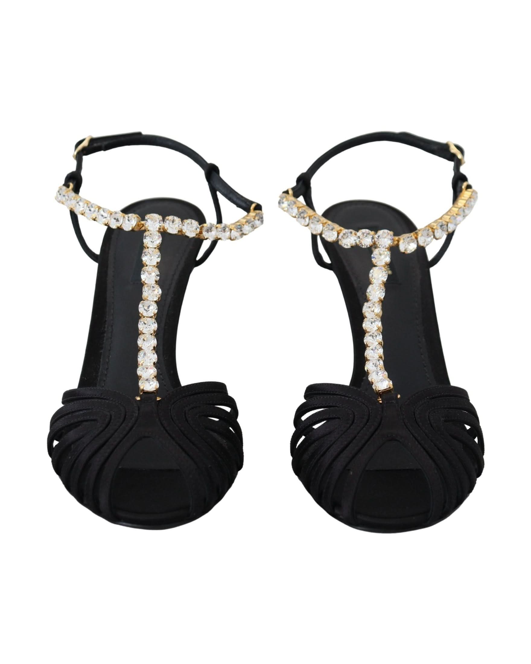 Dolce & Gabbana Black Satin Clear Crystal T Strap Sandals Heels