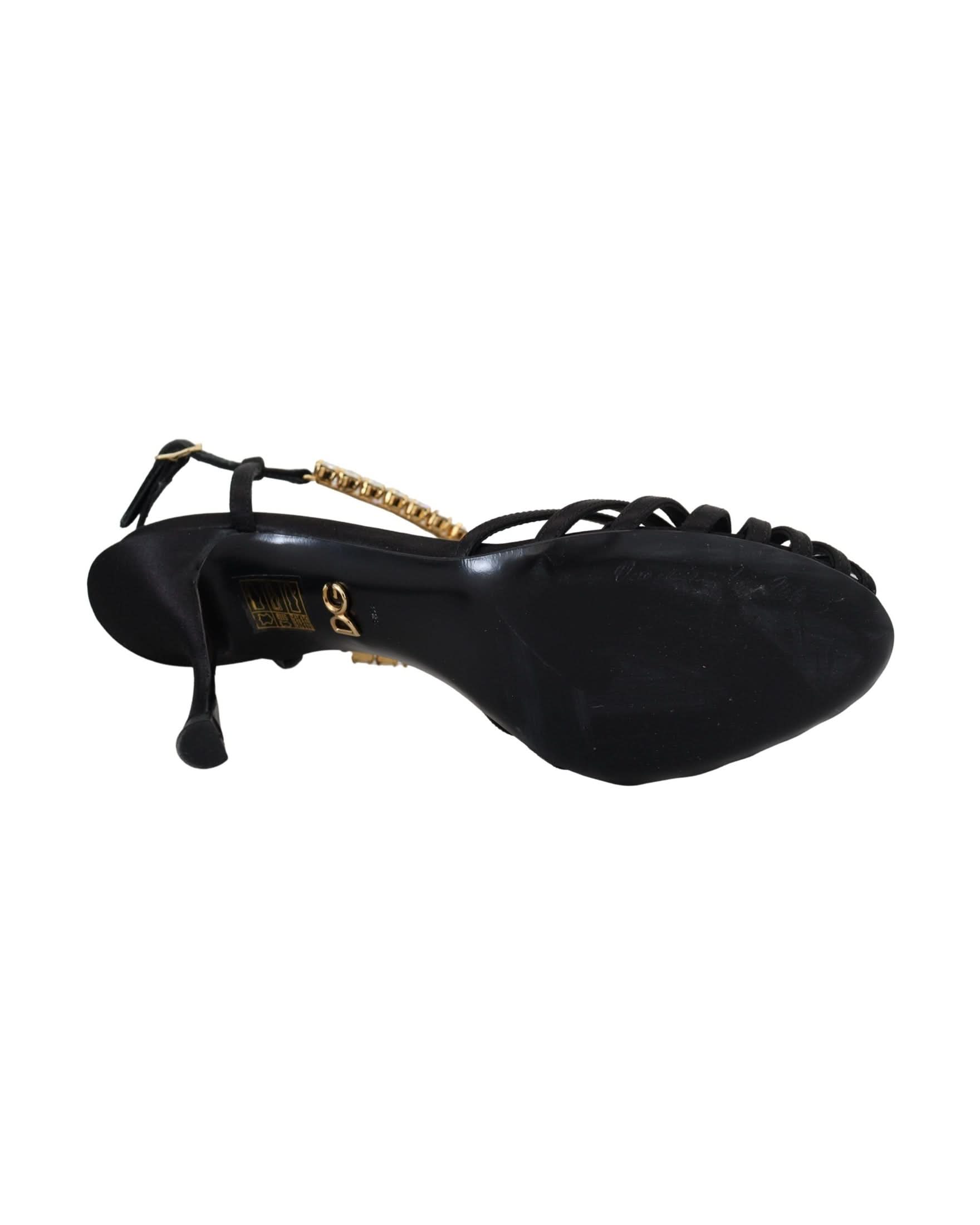 Dolce & Gabbana Black Satin Clear Crystal T Strap Sandals Heels