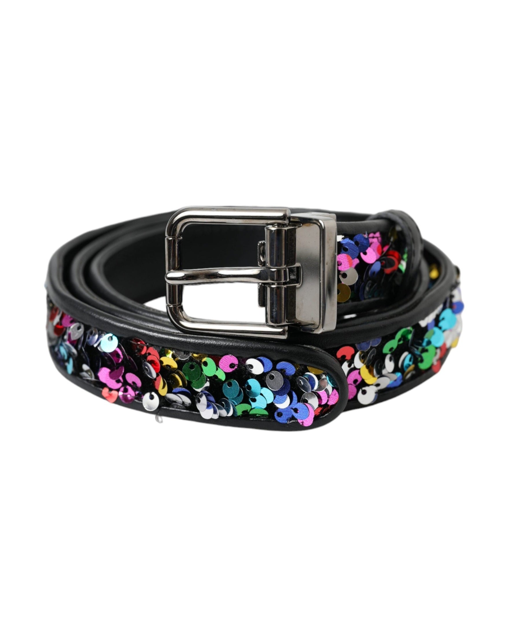 Dolce & Gabbana Black Sequined Silver Metal Buckle Belt Belts