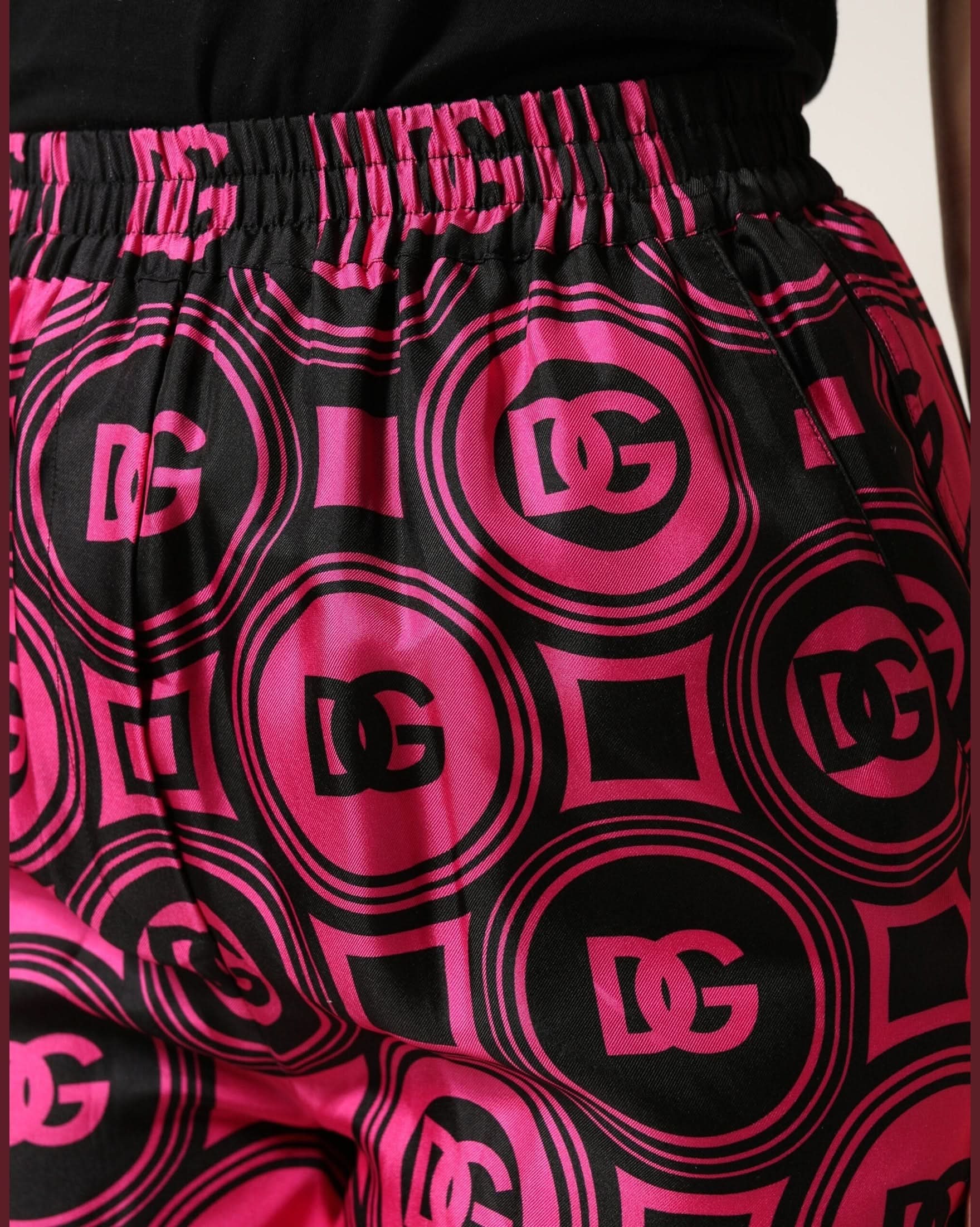 Dolce & Gabbana Black Silk Fuchsia Logo Elastic Waist Shorts